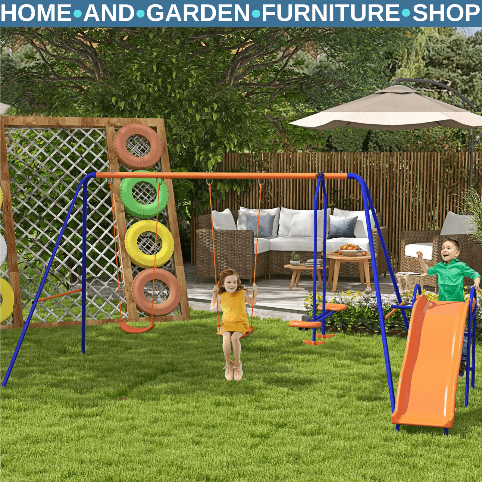 4 in 1 Metal Garden Swing Set with Slide Glider Ladder and Double Swings for Kid - Home and Garden Furniture Shop - rustic - furniture