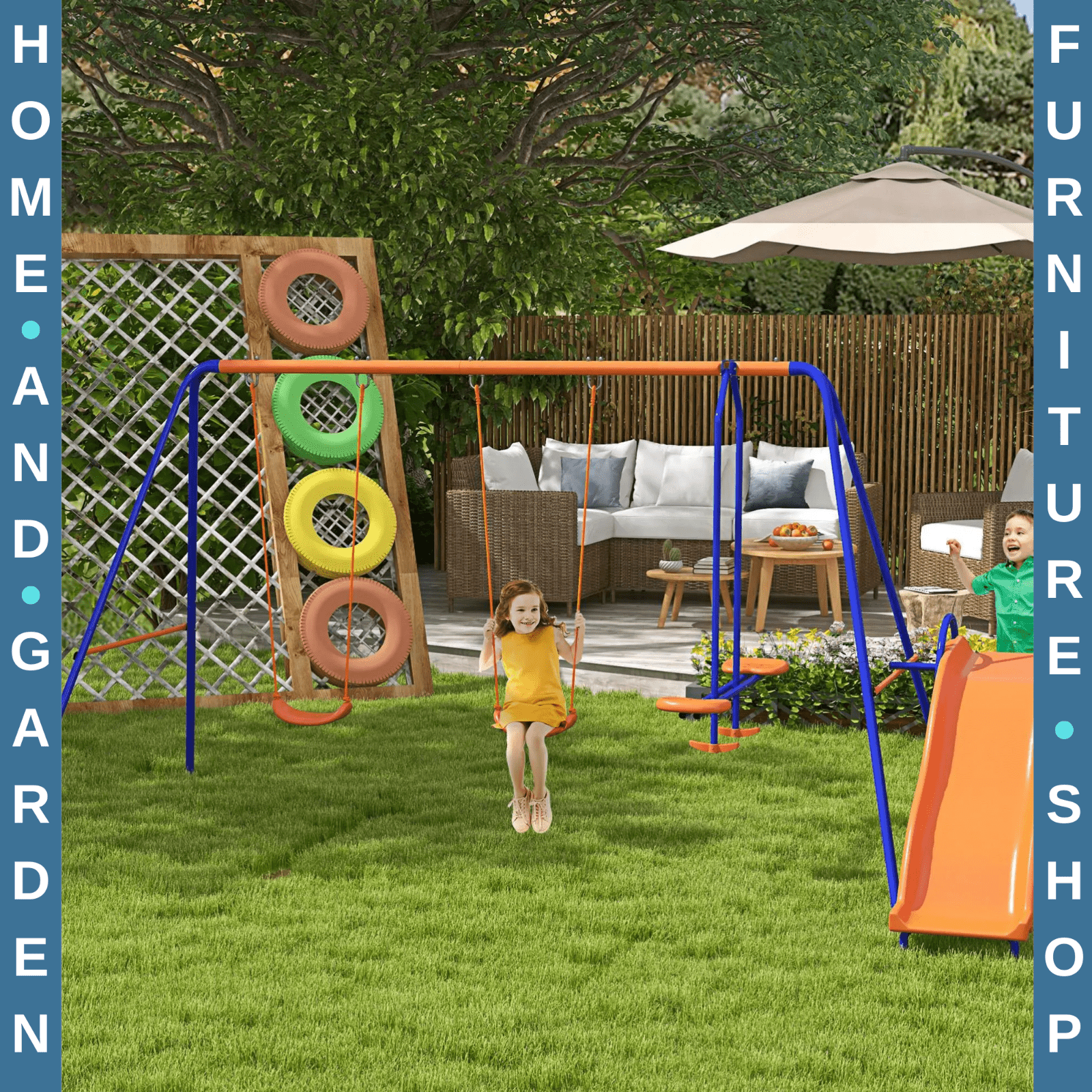 4 in 1 Metal Garden Swing Set with Slide Glider Ladder and Double Swings for Kid - Home and Garden Furniture Shop - rustic - furniture