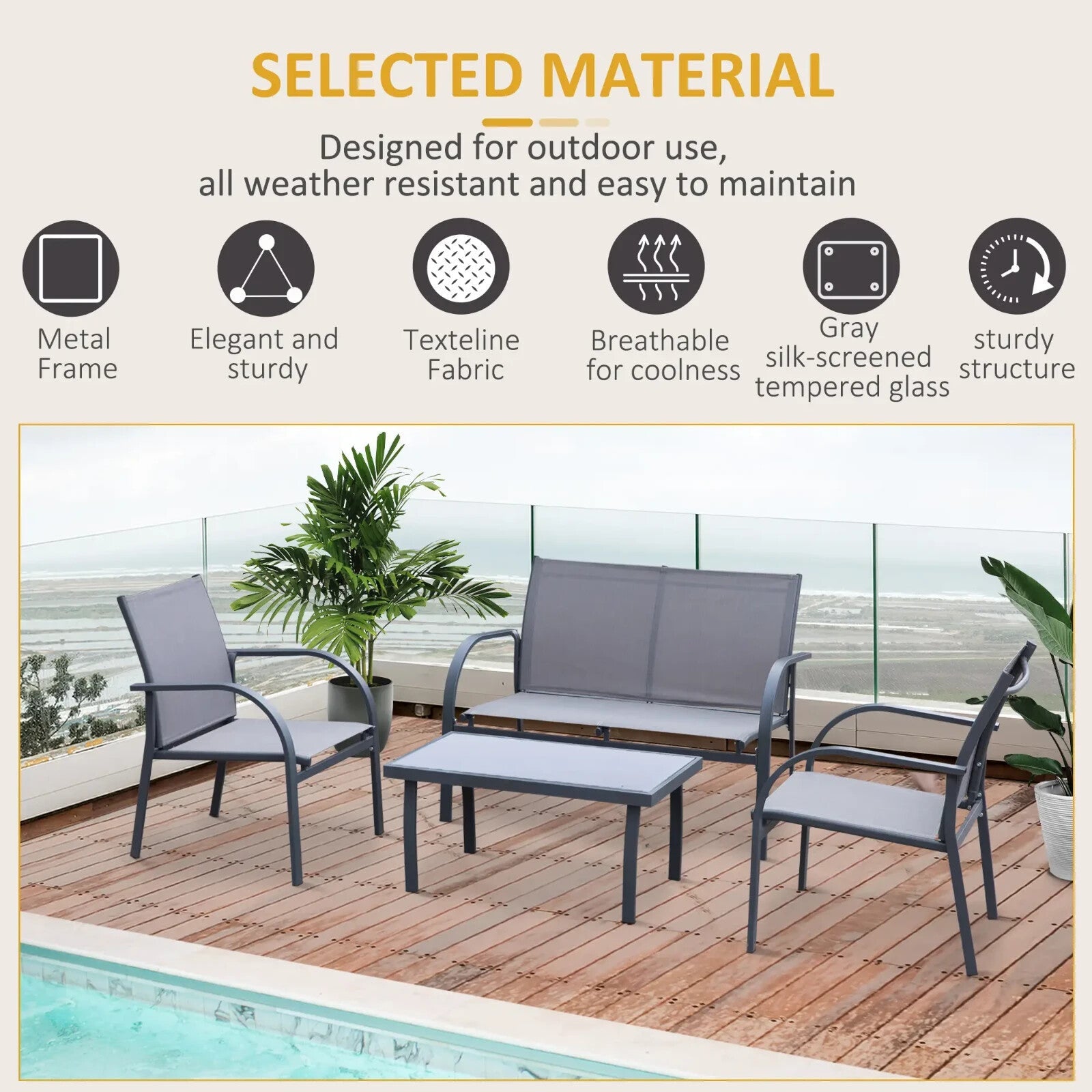 4 Pcs Outdoor Dining Set with Loveseat Chairs Glass Table Steel Garden Furniture - Home and Garden Furniture Shop - rustic - furniture