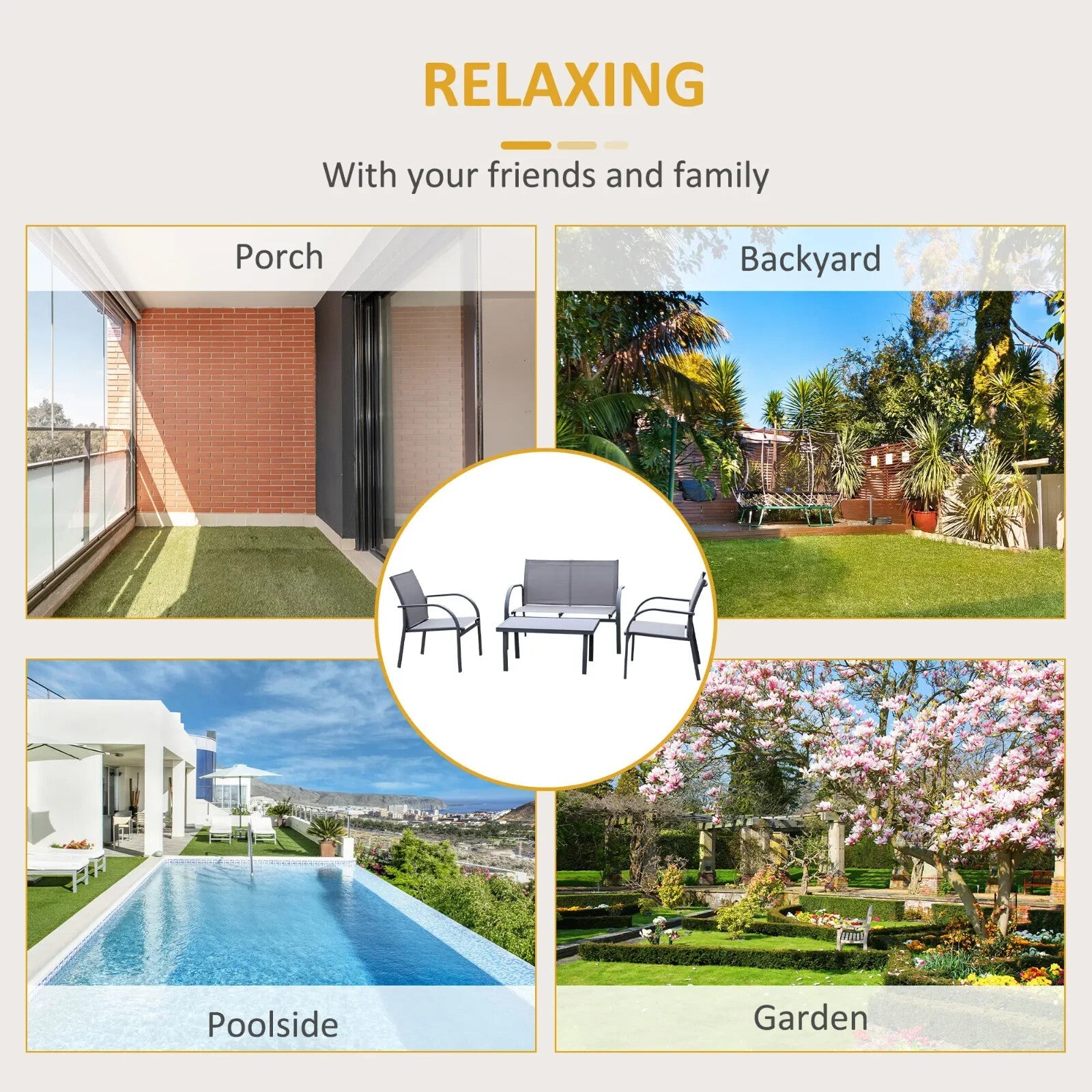 4 Pcs Outdoor Dining Set with Loveseat Chairs Glass Table Steel Garden Furniture - Home and Garden Furniture Shop - rustic - furniture