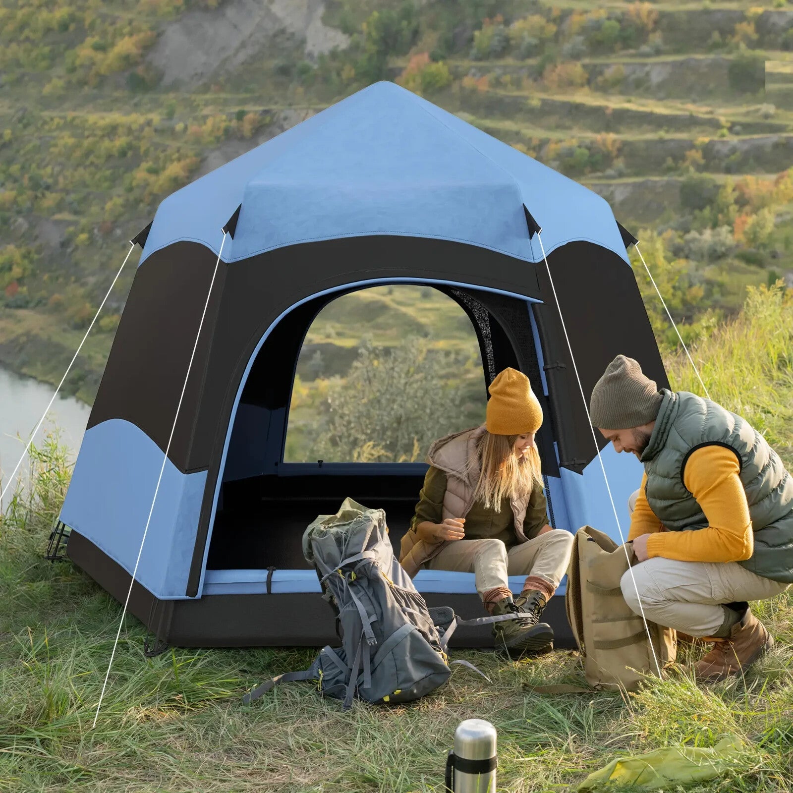 4 Person Hexagon Dome Tent Pop Up Camping Shelter with Rainfly and Welded Floor - Home and Garden Furniture Shop - rustic - furniture