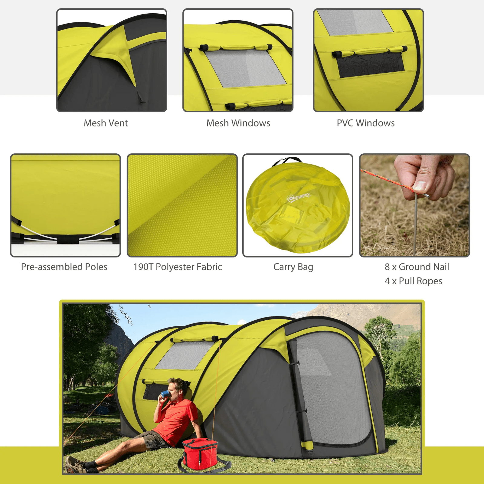 4 Person Pop Up Tent Family Camping Waterproof Groundsheet Lightweight FOXDEN - Home and Garden Furniture Shop - rustic - furniture