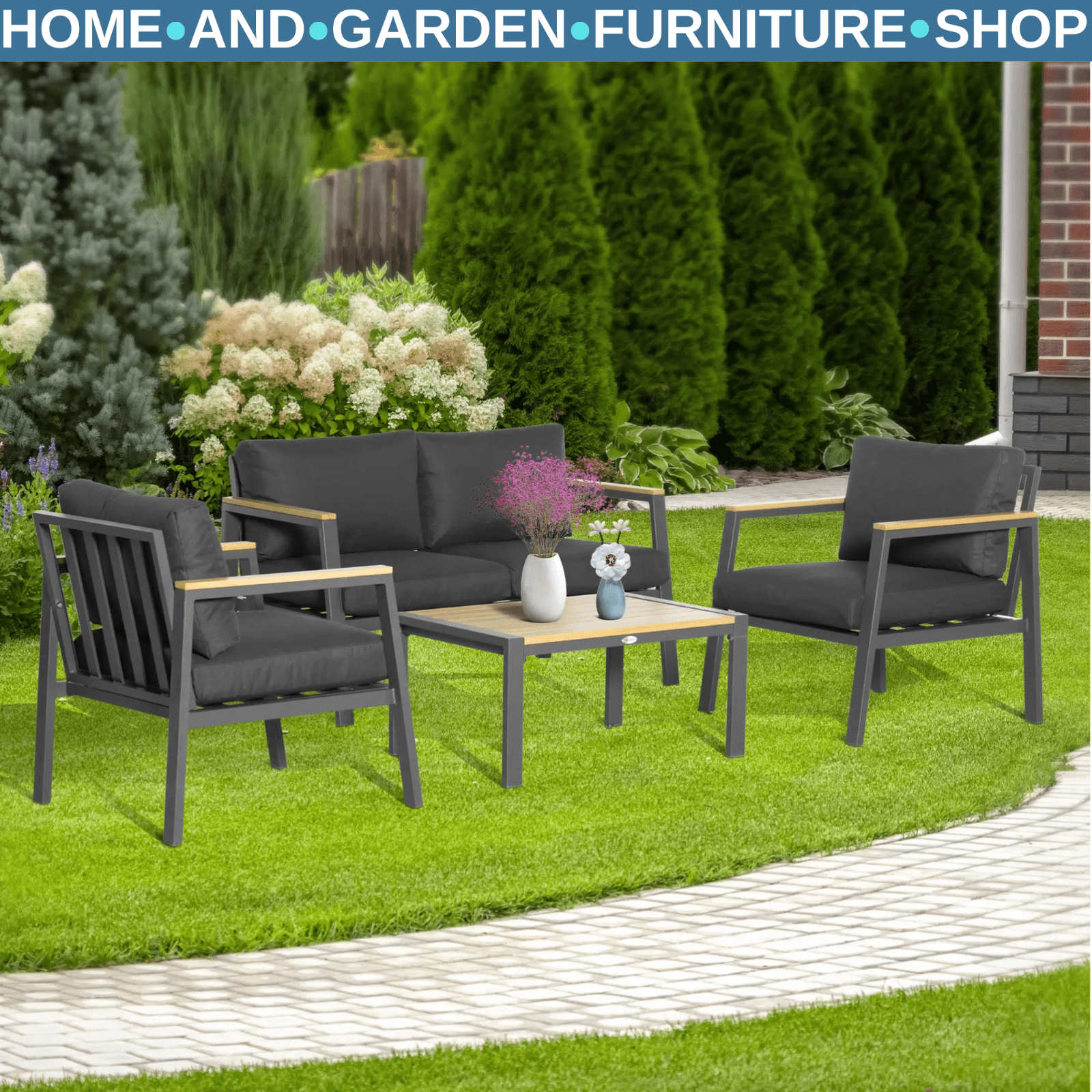 4 Piece Garden Sofa Set Aluminium 4 Seater Outdoor Furniture Conversation Set - Home and Garden Furniture Shop - #rustic - furniture#