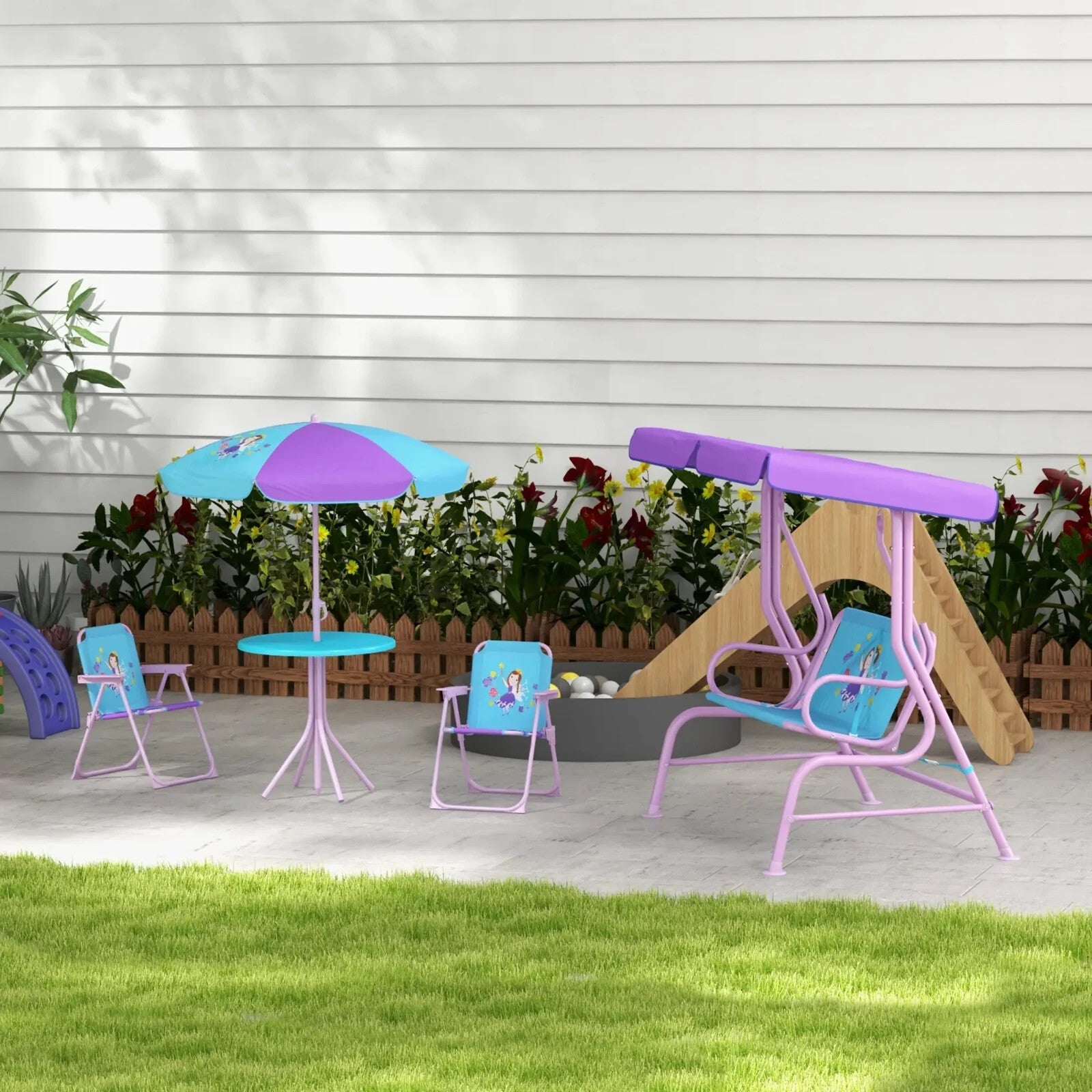 4 Piece Kids Garden Furniture Set with Table Chairs and Adjustable Canopy Theme - Home and Garden Furniture Shop - rustic - furniture