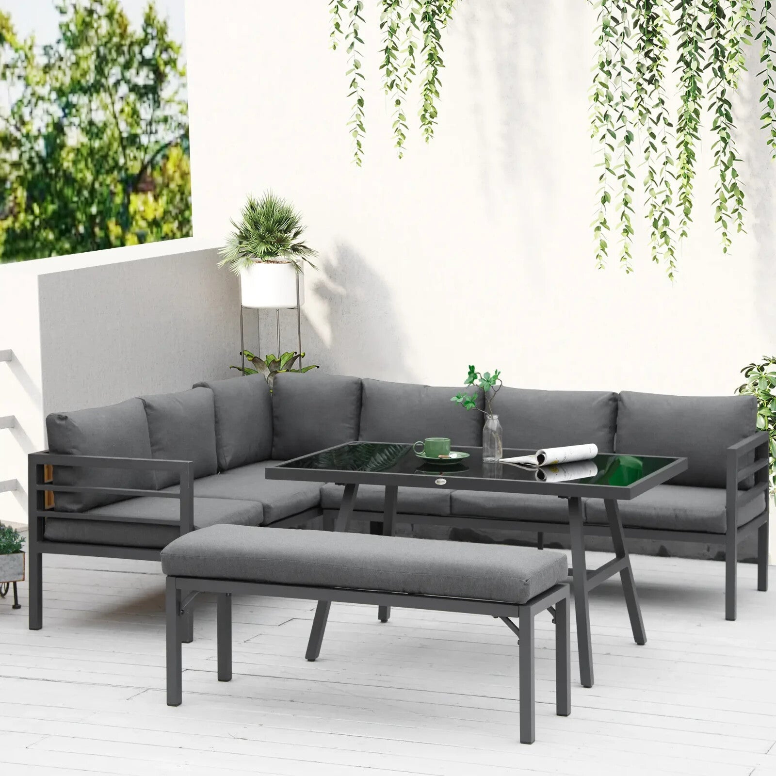 4 Piece L Shaped Garden Furniture Set 8 Seater Aluminium Dining Sofa with Bench - Home and Garden Furniture Shop - rustic - furniture