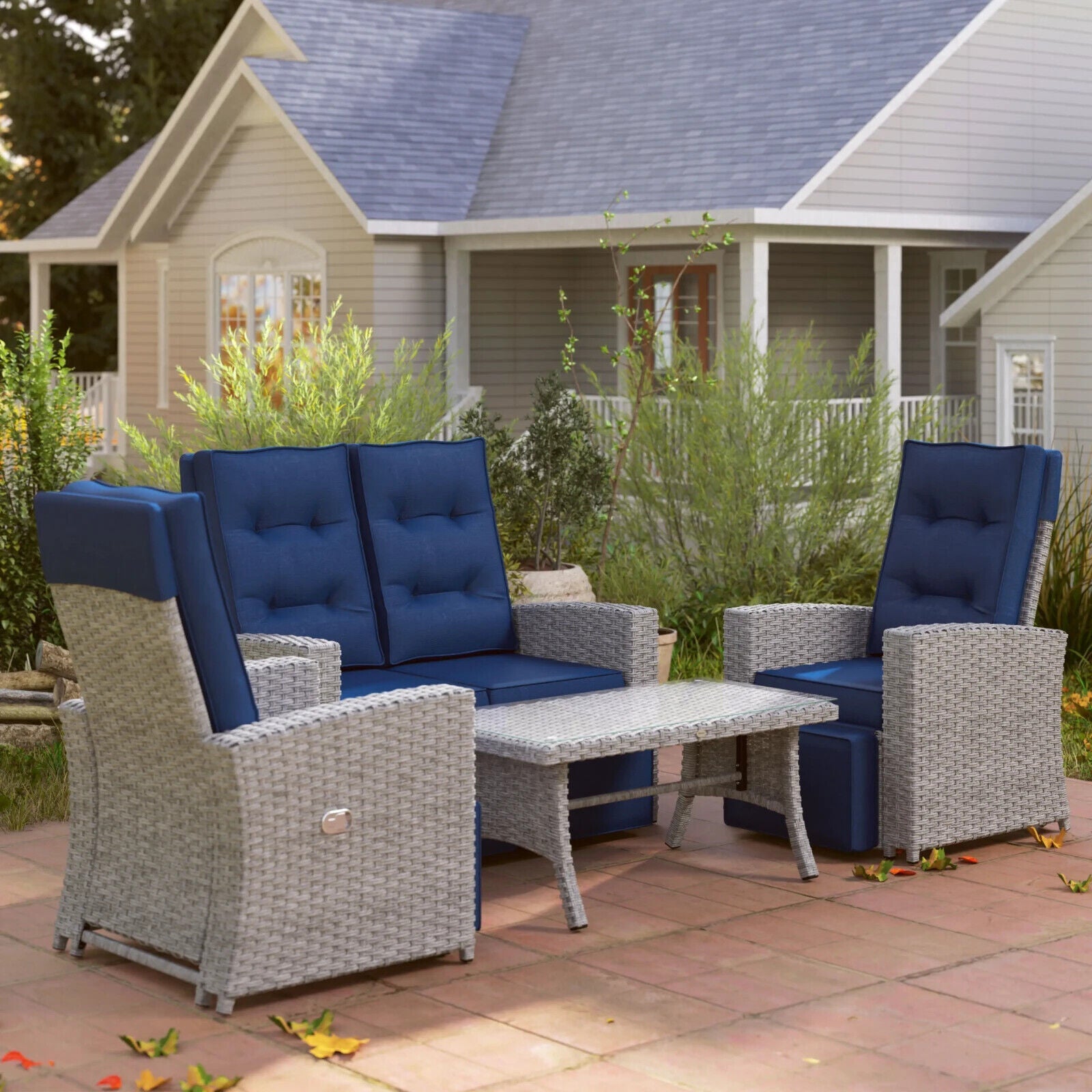 4 Piece Rattan Garden Furniture Set Outdoor Sofa w/ Glass Table Navy Blue Patio - Home and Garden Furniture Shop - #rustic - furniture#