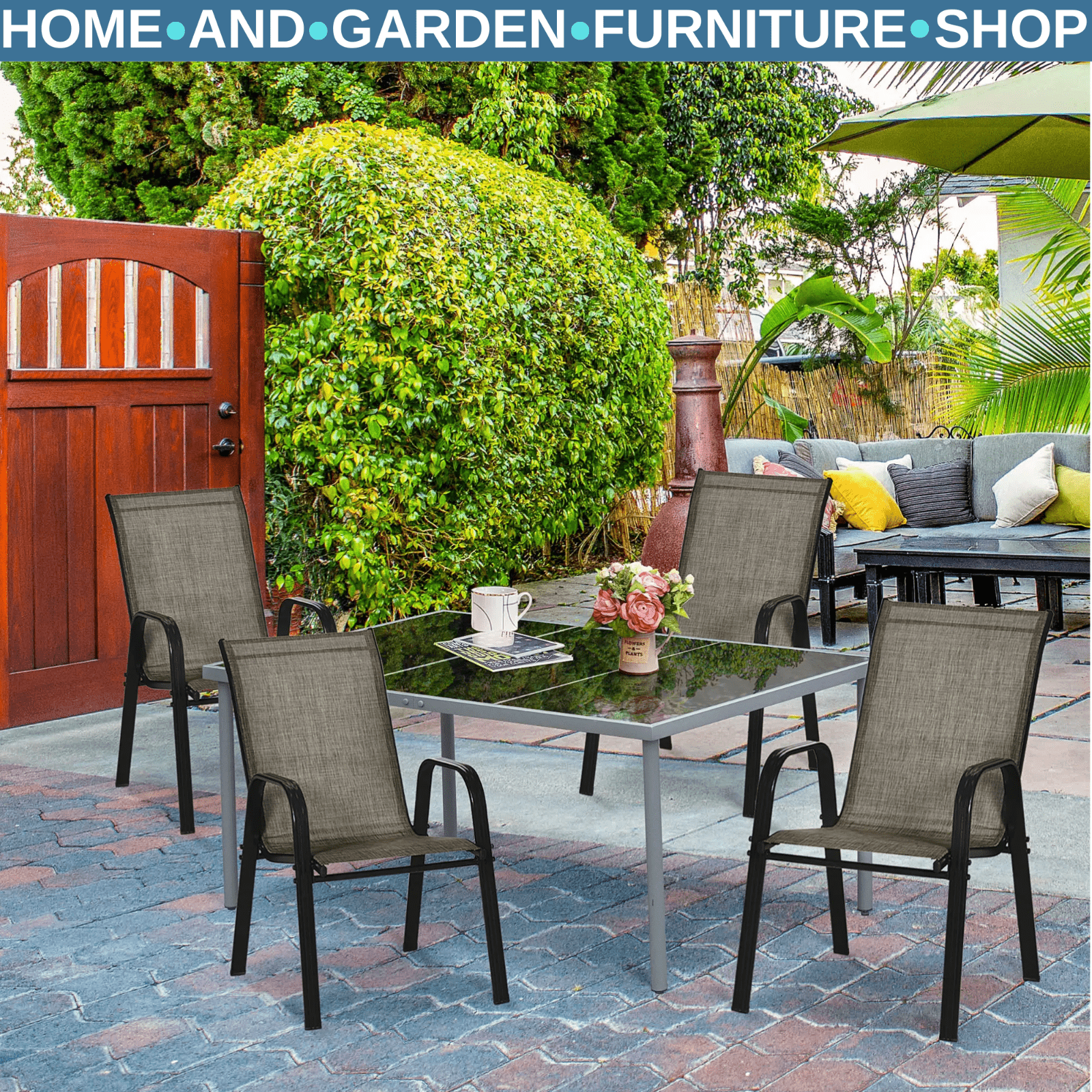 4 Piece Stackable Garden Dining Chair with Armrests & High Back Mesh Seating Set - Home and Garden Furniture Shop - rustic - furniture