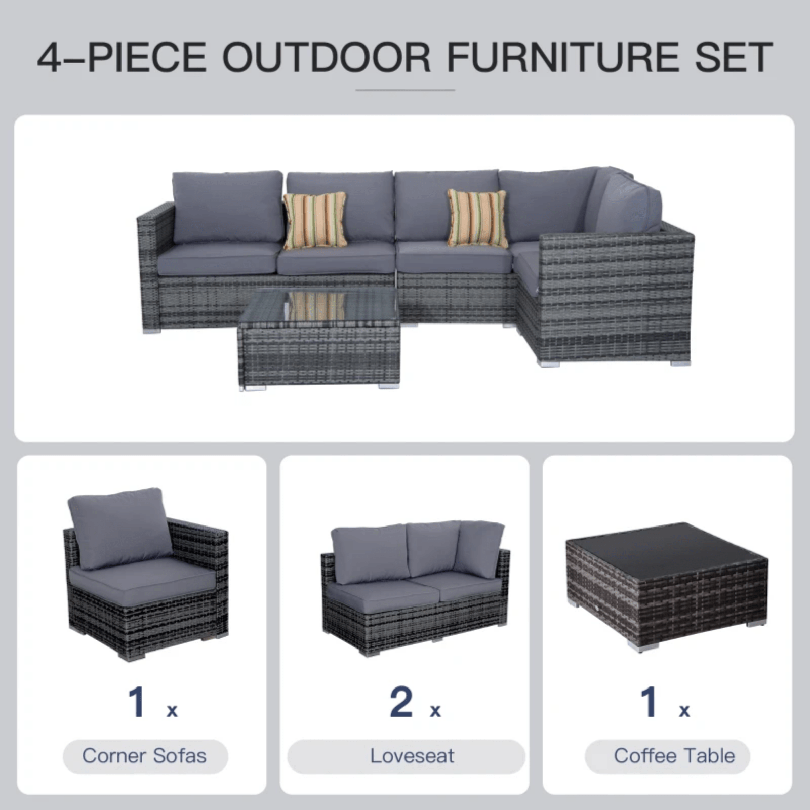 4 Pieces Rattan Sofa Set Chair Coffee Table Garden Wicker Patio Furniture Grey - Home and Garden Furniture Shop - #rustic - furniture#