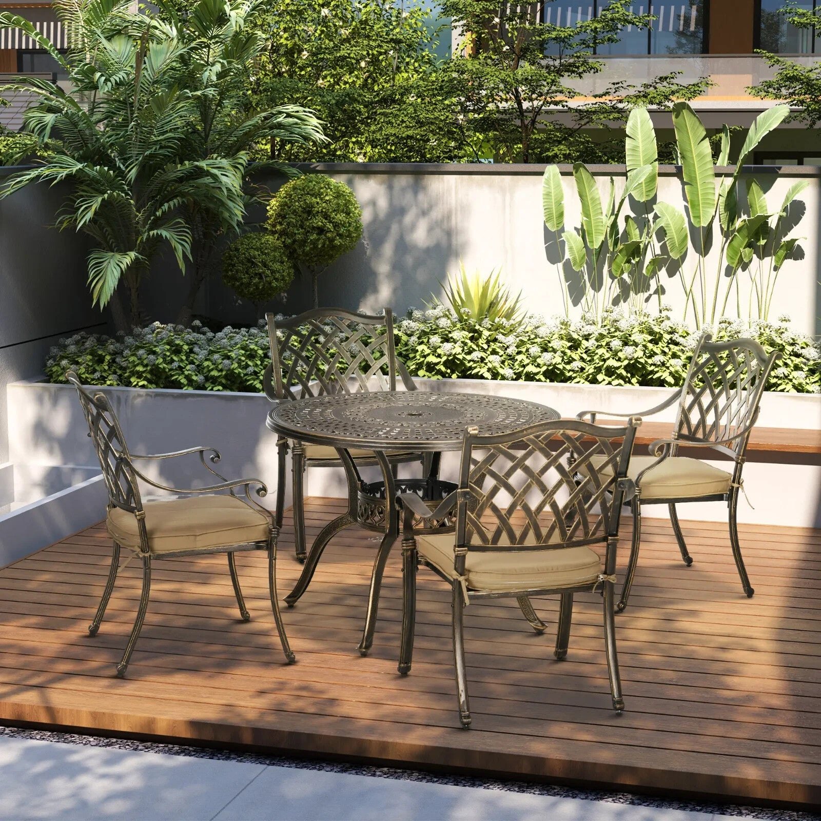 4 Seater Antique Cast Aluminium Garden Dining Set with Cushions and Parasol Hole - Home and Garden Furniture Shop - rustic - furniture