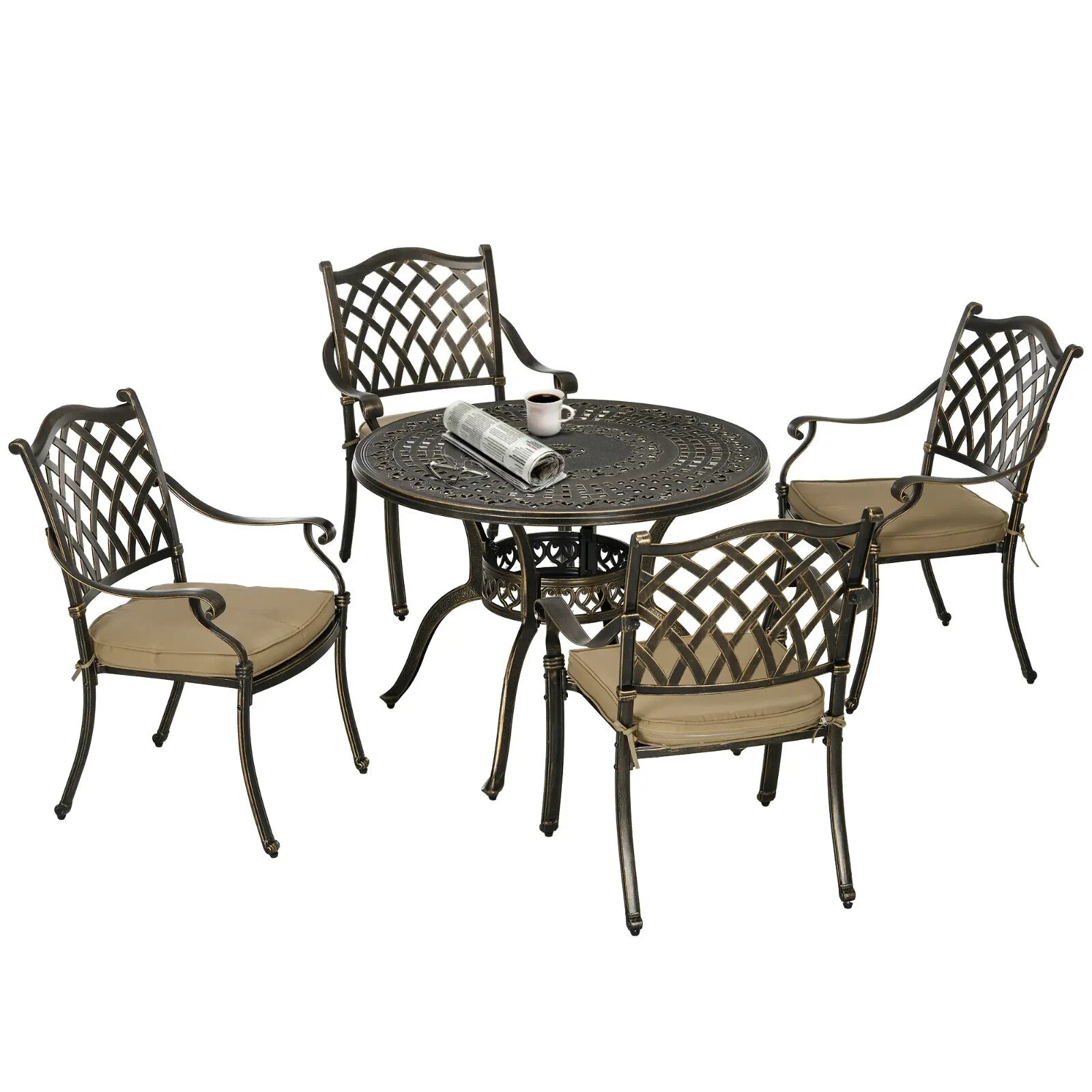 4 Seater Antique Cast Aluminium Garden Dining Set with Cushions and Parasol Hole - Home and Garden Furniture Shop - rustic - furniture