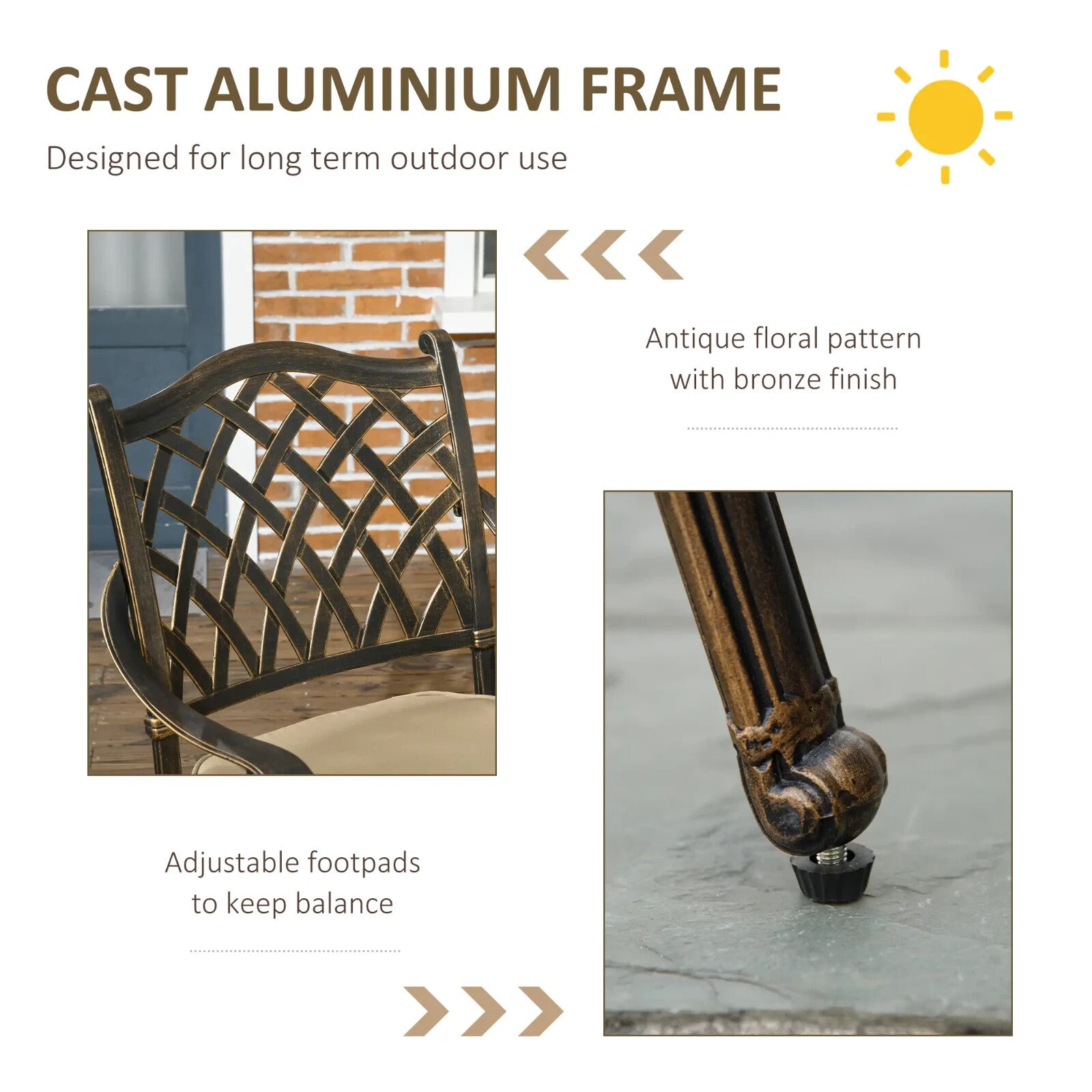 4 Seater Antique Cast Aluminium Garden Dining Set with Cushions and Parasol Hole - Home and Garden Furniture Shop - rustic - furniture