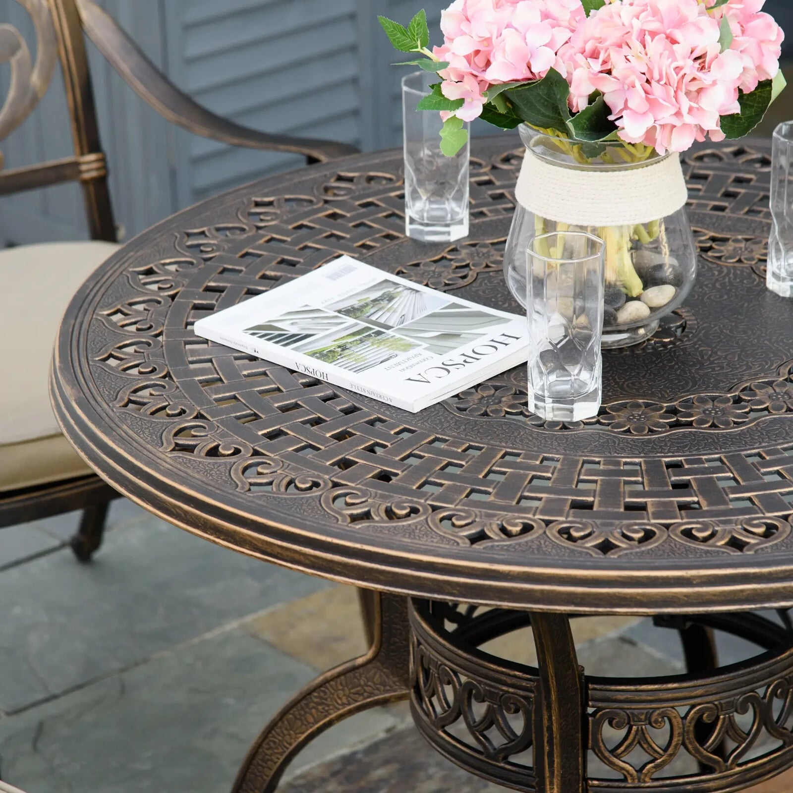 4 Seater Antique Cast Aluminium Garden Dining Set with Cushions and Parasol Hole - Home and Garden Furniture Shop - rustic - furniture