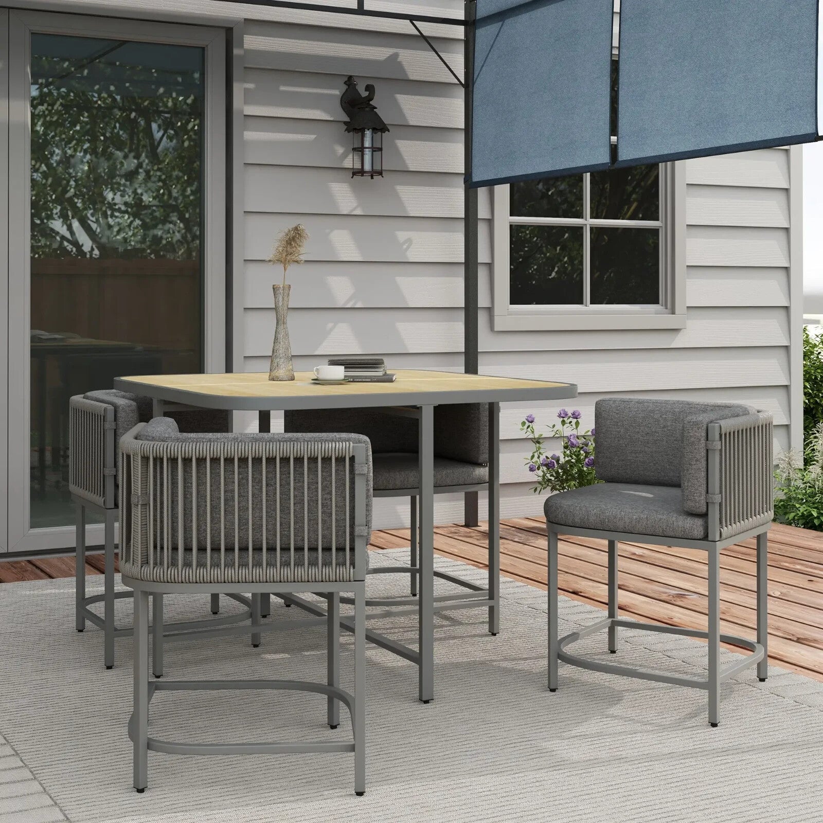 4 - Seater Rattan Dining Set with Cushions and Space - saving Design for Garden Grey - Home and Garden Furniture Shop - rustic - furniture