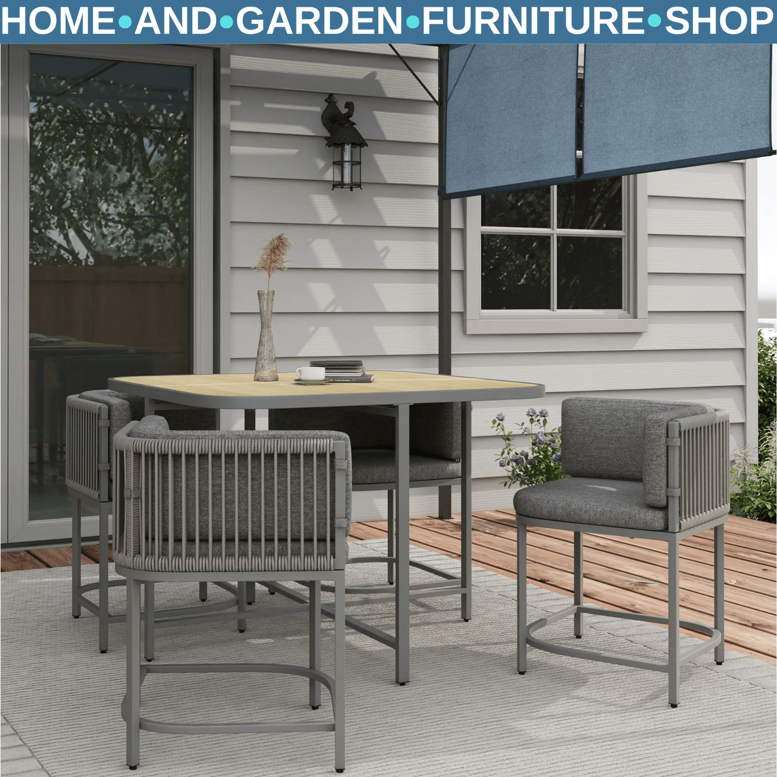 4 - Seater Rattan Dining Set with Cushions and Space - saving Design for Garden Grey - Home and Garden Furniture Shop - rustic - furniture