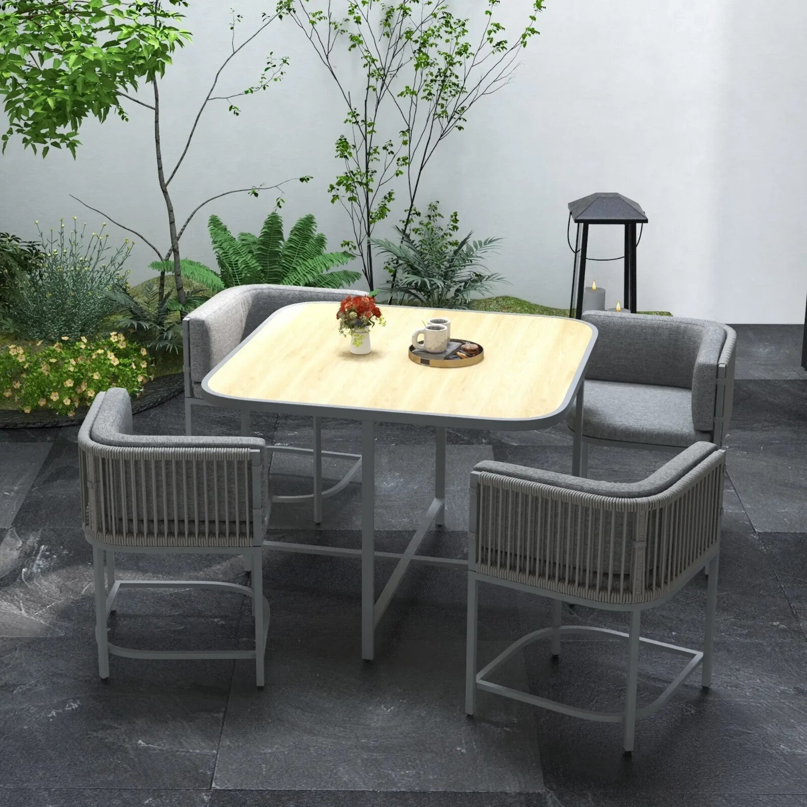 4 - Seater Rattan Dining Set with Cushions and Space - saving Design for Garden Grey - Home and Garden Furniture Shop - rustic - furniture