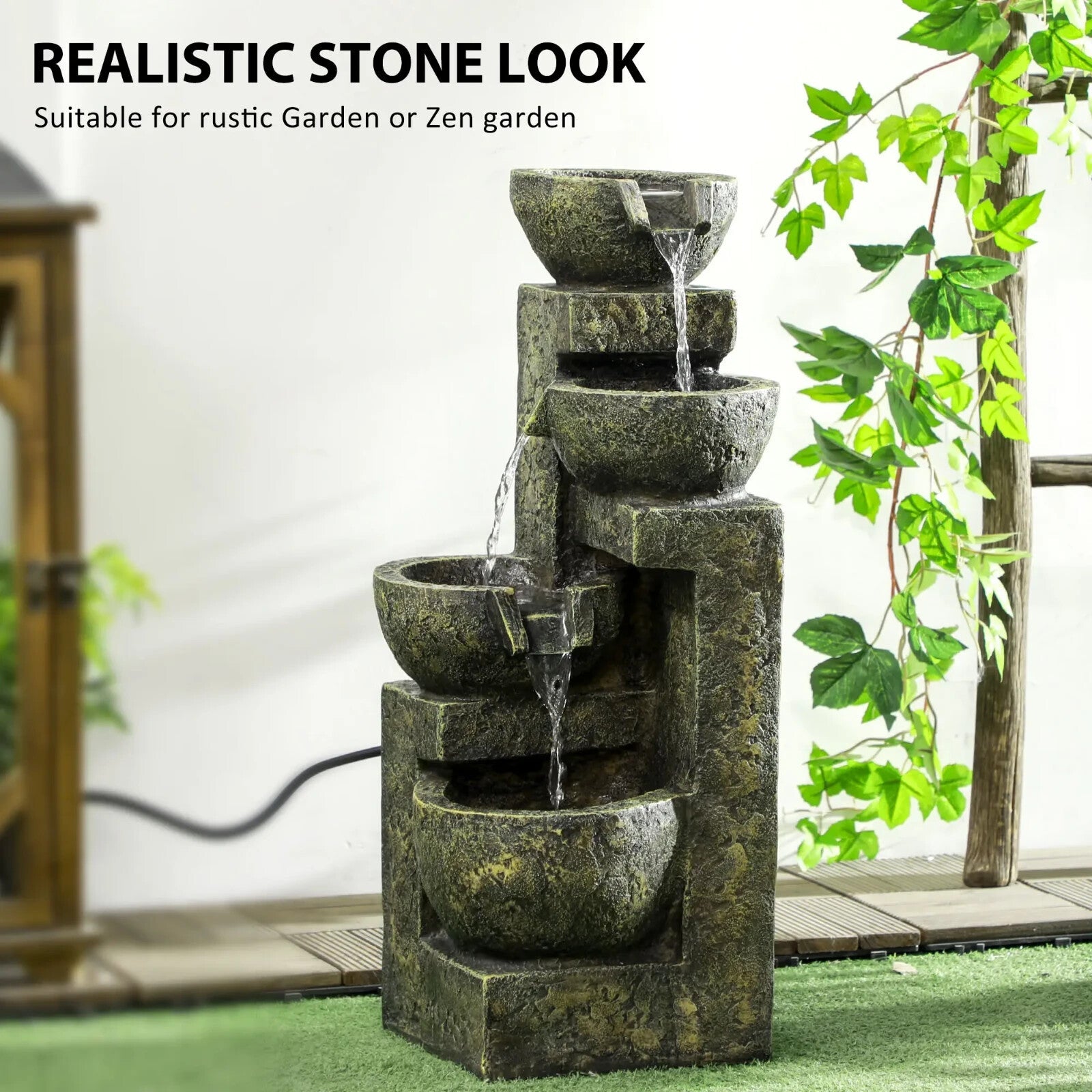 4 Tier Garden Water Feature Fountain with Stone Effect Bowls and Adjustable Flow - Home and Garden Furniture Shop - rustic - furniture