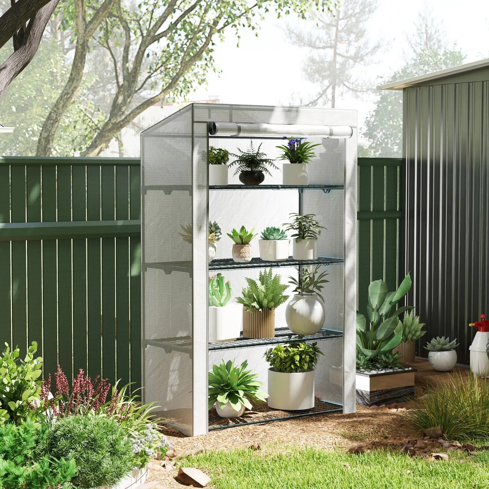 4 - Tier Lean - to Mini Greenhouse with Reinforced PE Cover Compact Plant Shelter - Home and Garden Furniture Shop - #rustic - furniture#
