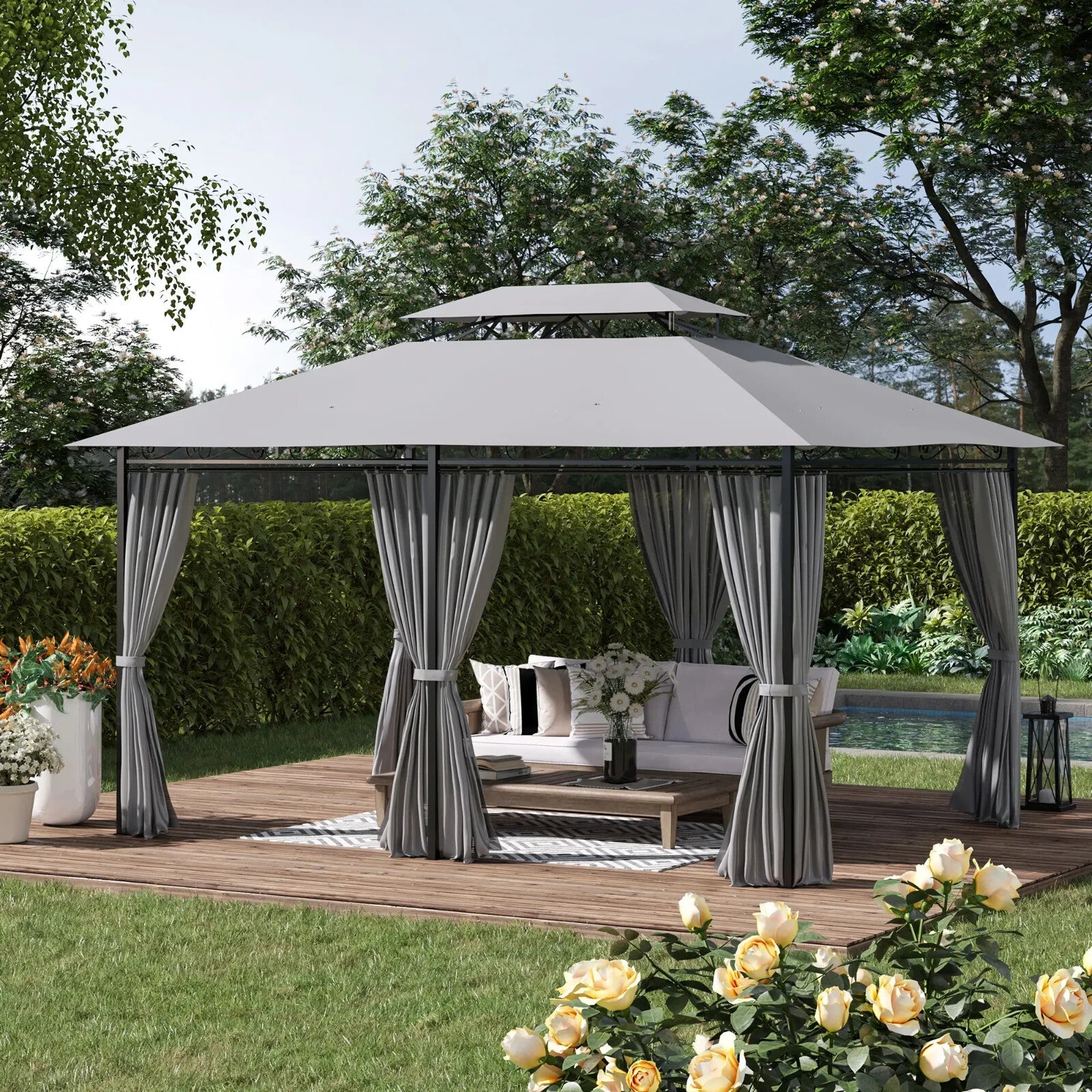 4 x 3m Metal Garden Gazebo with Curtain and Sidewalls Patio Party Canopy Shelter - Home and Garden Furniture Shop - rustic - furniture