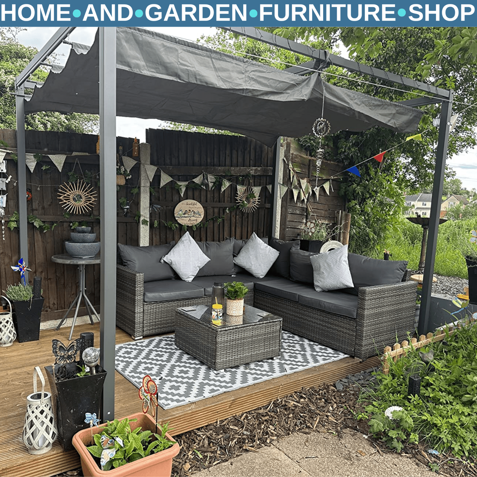 4 x 3m Metal Pergola Garden Gazebo Patio Set Sun Shelter Retractable Canopy Grey - Home and Garden Furniture Shop - rustic - furniture