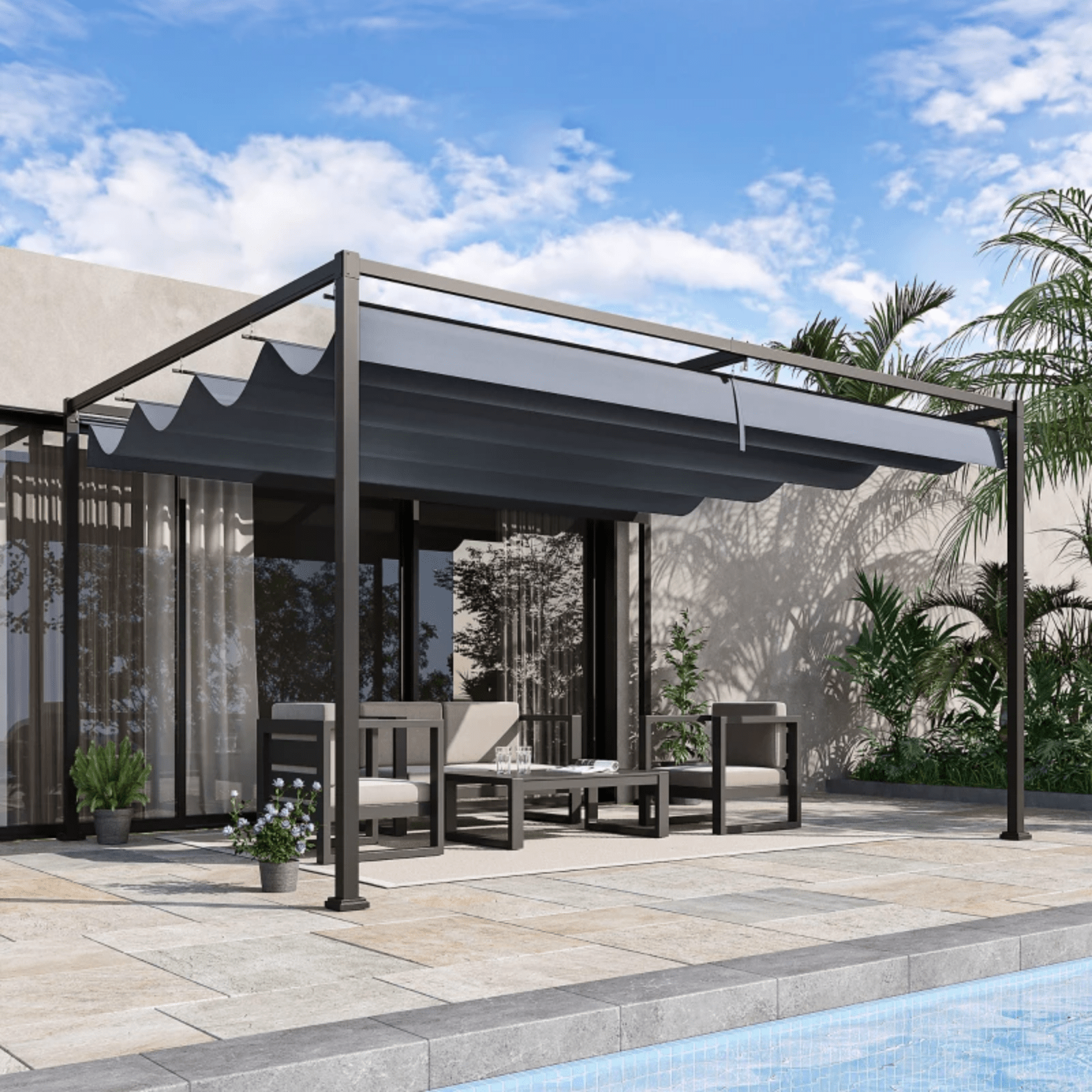 4 x 3m Metal Pergola Garden Gazebo Patio Set Sun Shelter Retractable Canopy Grey - Home and Garden Furniture Shop - rustic - furniture