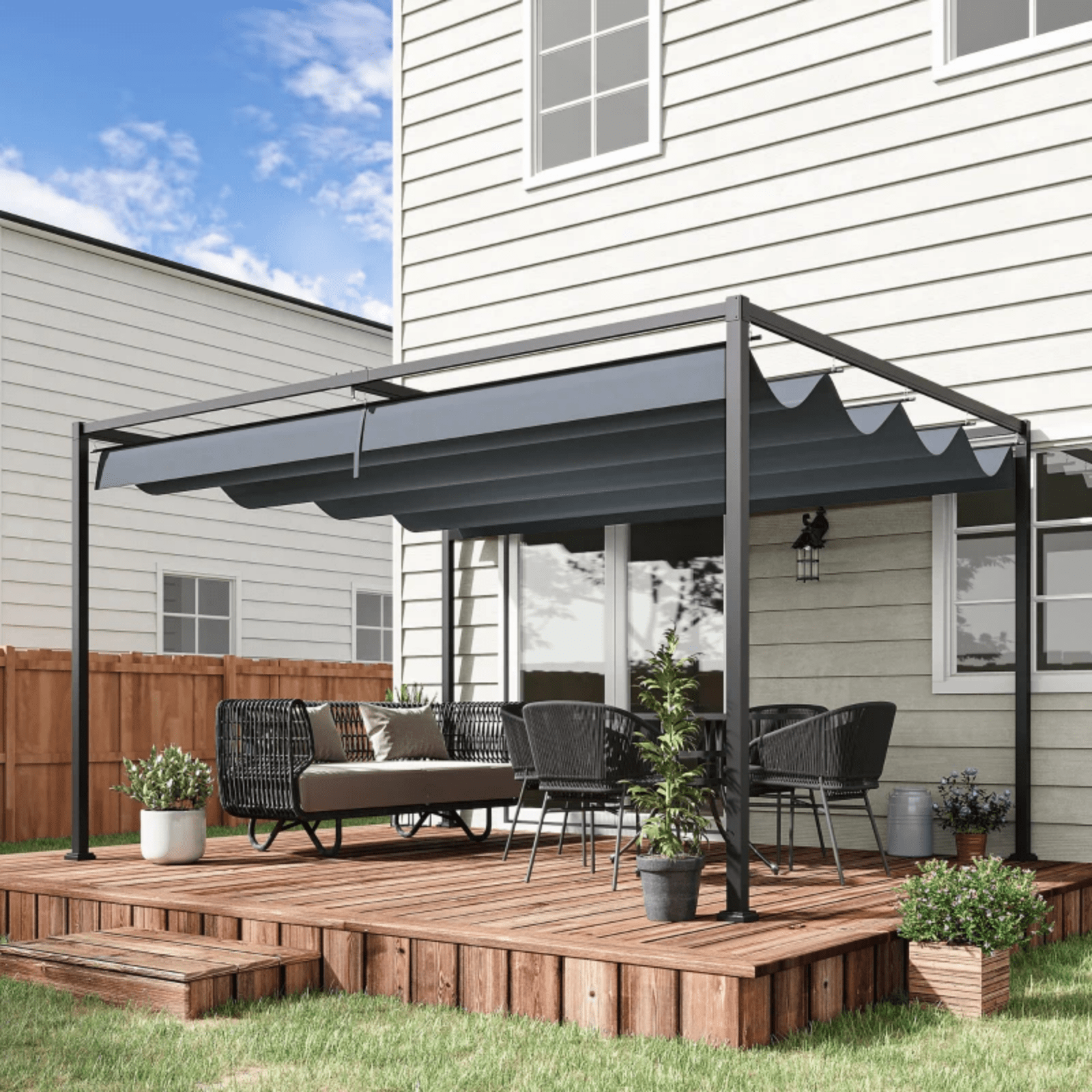 4 x 3m Metal Pergola Garden Gazebo Patio Set Sun Shelter Retractable Canopy Grey - Home and Garden Furniture Shop - rustic - furniture