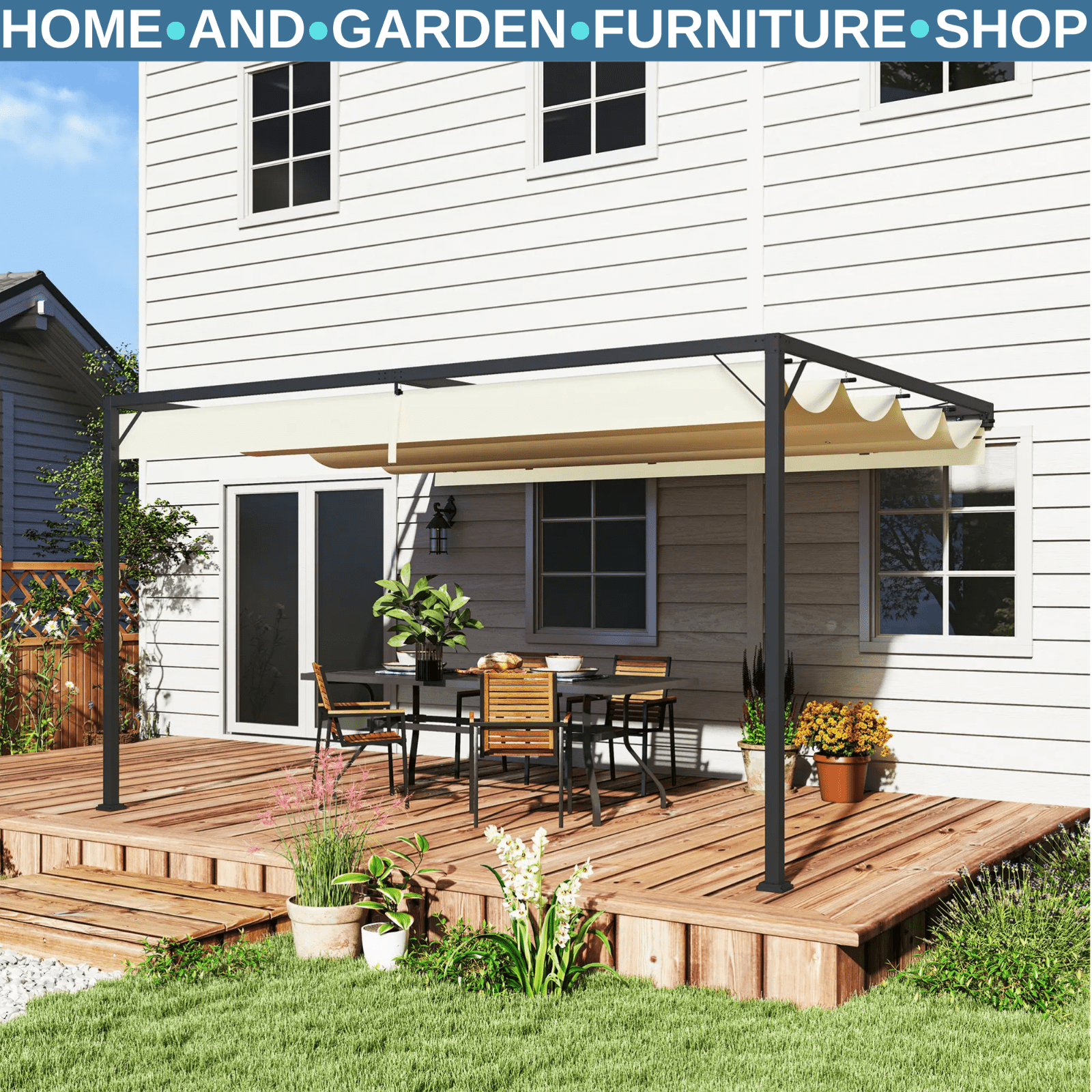 4 x 3m Outdoor Pergola Retractable Canopy Wall Mounted Awning Metal Cover Cream - Home and Garden Furniture Shop - rustic - furniture