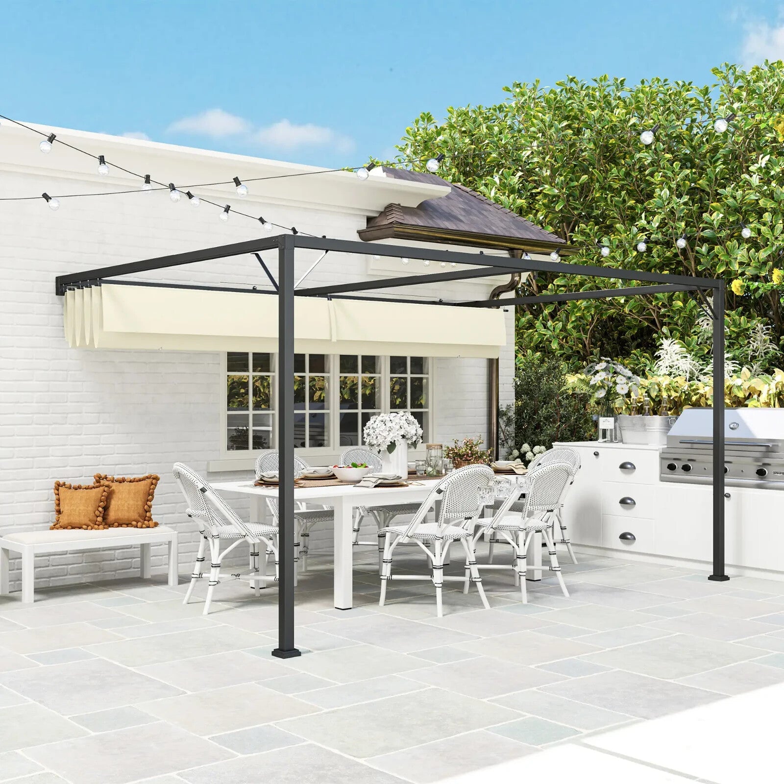 4 x 3m Outdoor Pergola Retractable Canopy Wall Mounted Awning Metal Cover Cream - Home and Garden Furniture Shop - rustic - furniture