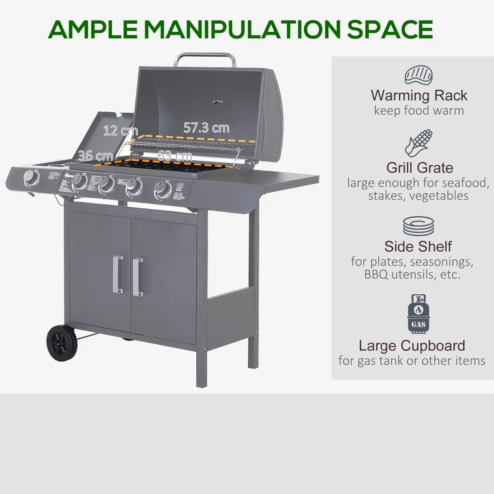 4+1 Burner Gas BBQ Grill Outdoor Barbecue Trolley w/ Wheels Shelves Thermometer - Home and Garden Furniture Shop - rustic - furniture