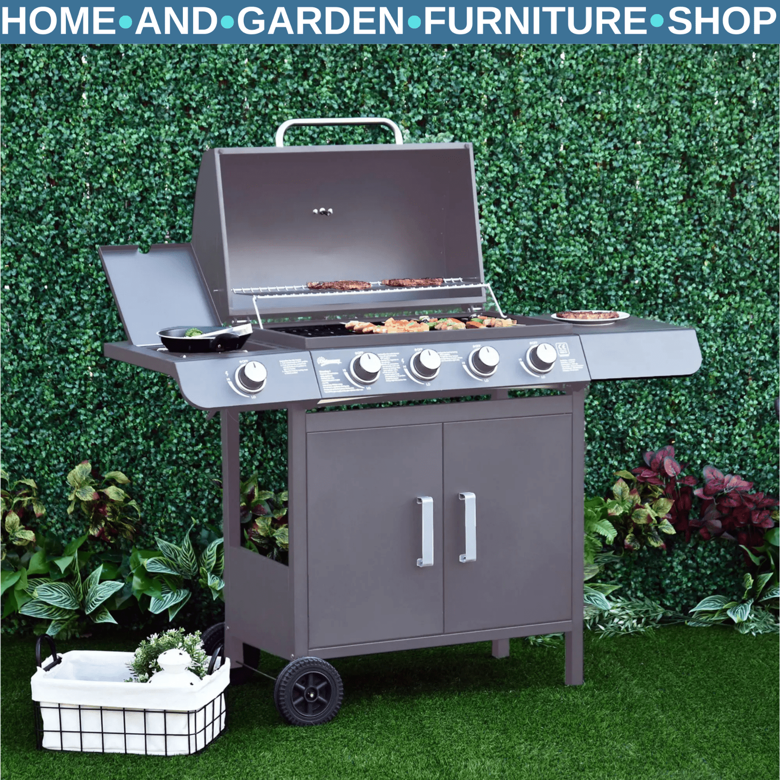 4+1 Burner Gas BBQ Grill Outdoor Barbecue Trolley w/ Wheels Shelves Thermometer - Home and Garden Furniture Shop - rustic - furniture