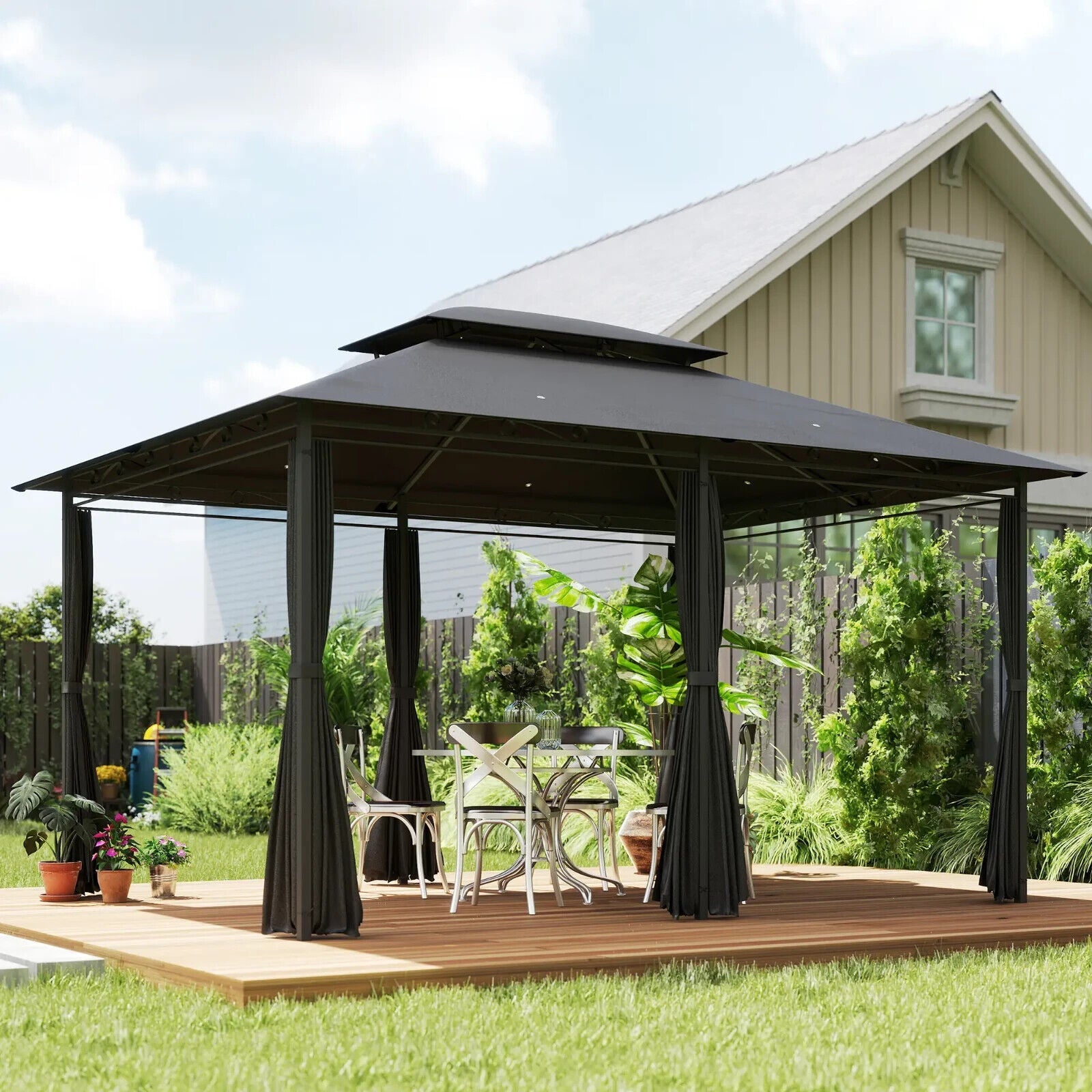 4m x 3m Outdoor 2 Tier Steel Frame Gazebo Curtains Garden Double Roof Party Tent - Home and Garden Furniture Shop - #rustic - furniture#
