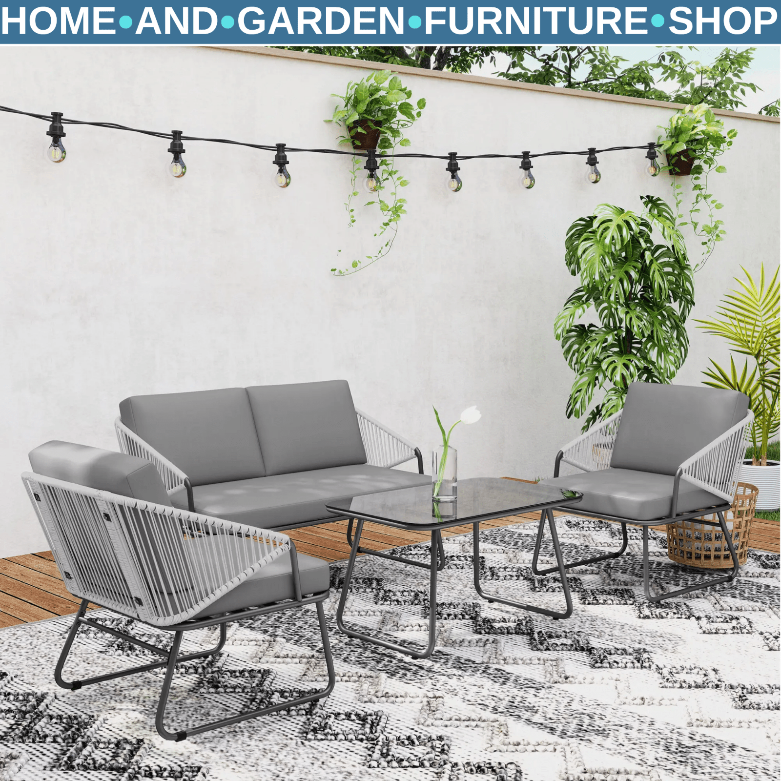 4pcs Rattan Garden Furniture Set - Patio Sofa, Chairs & Glass Table Outdoor Grey - Home and Garden Furniture Shop - #rustic - furniture#