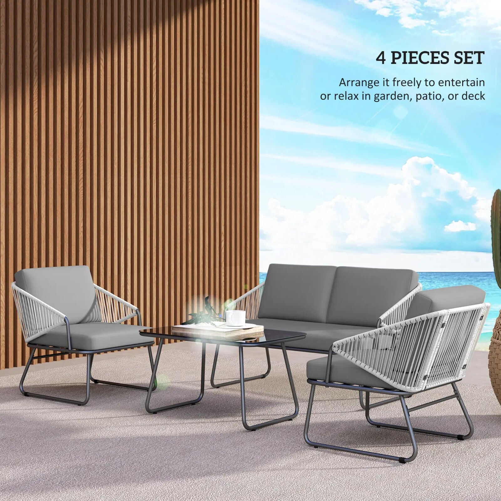 4pcs Rattan Garden Furniture Set - Patio Sofa, Chairs & Glass Table Outdoor Grey - Home and Garden Furniture Shop - #rustic - furniture#
