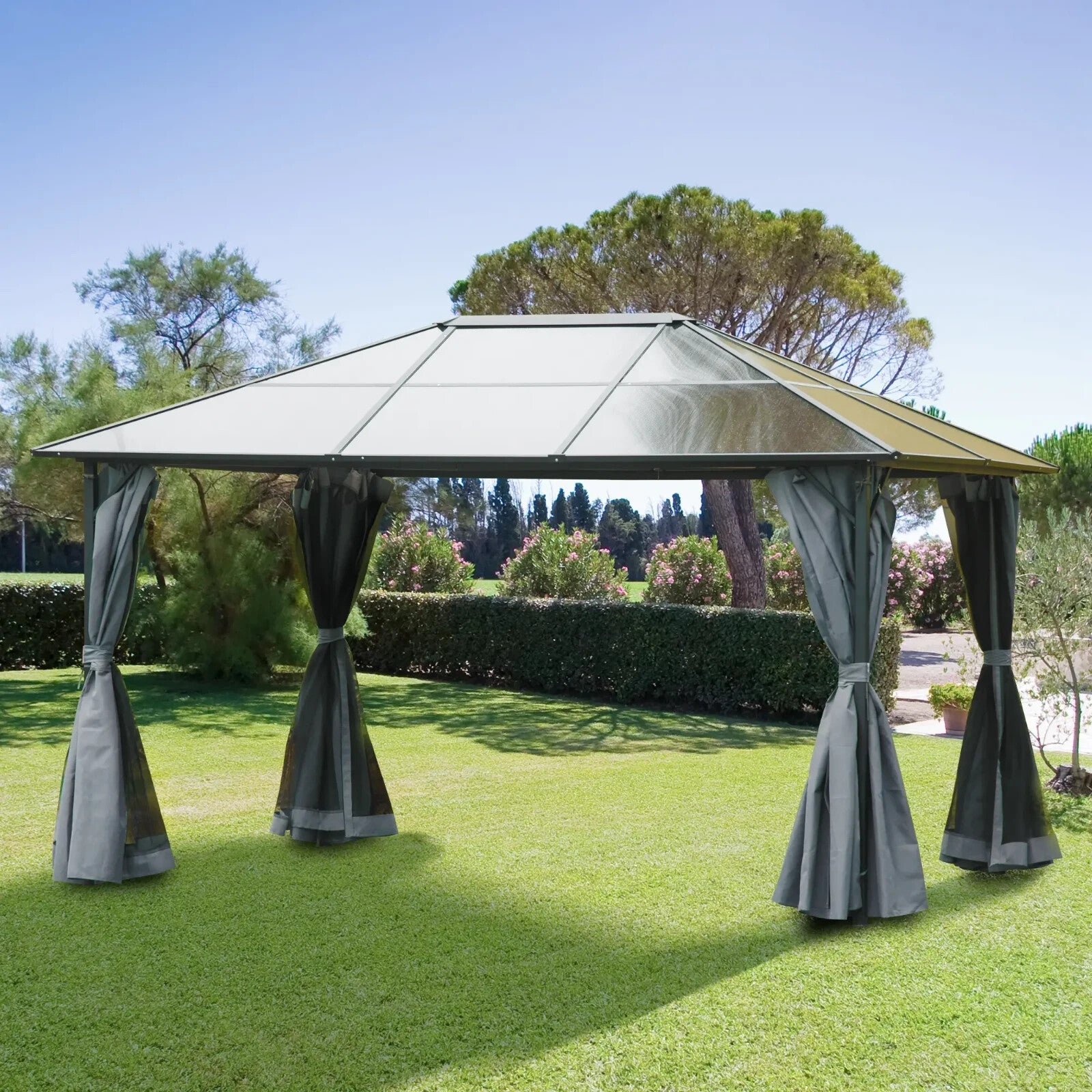 4x3m Outdoor Garden Gazebo with Netting & PC Roof Patio Canopy Tent Shelter Grey - Home and Garden Furniture Shop - rustic - furniture
