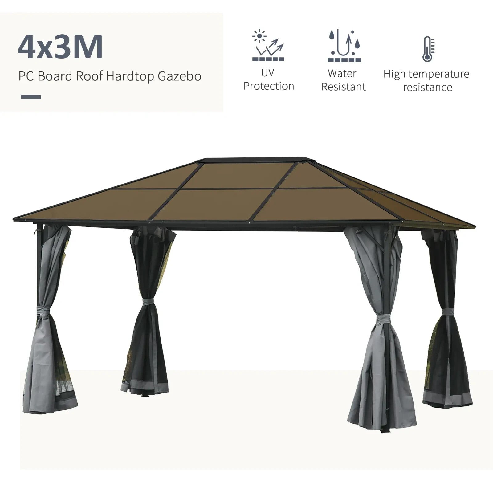 4x3m Outdoor Garden Gazebo with Netting & PC Roof Patio Canopy Tent Shelter Grey - Home and Garden Furniture Shop - rustic - furniture