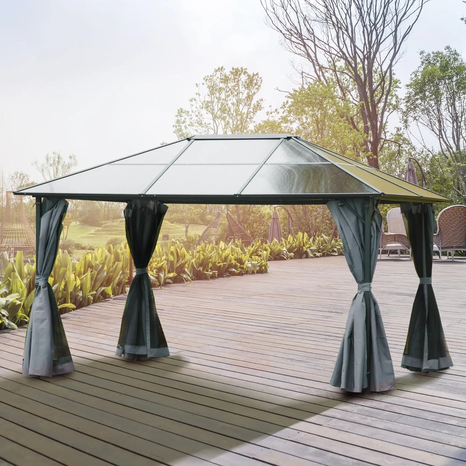4x3m Outdoor Garden Gazebo with Netting & PC Roof Patio Canopy Tent Shelter Grey - Home and Garden Furniture Shop - rustic - furniture