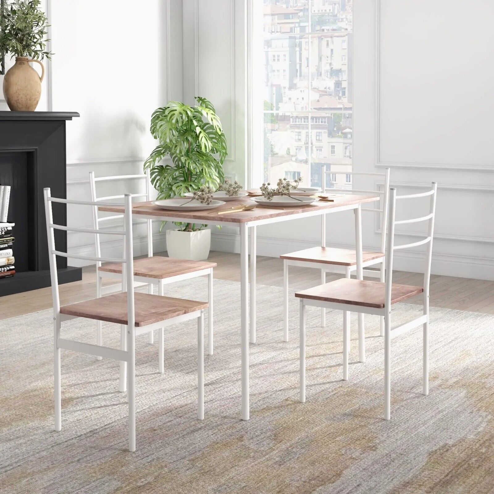 5 Pc Dining Table and Chairs Set Space Saving Kitchen Furniture Metal Oak Finish - Home and Garden Furniture Shop - rustic - furniture