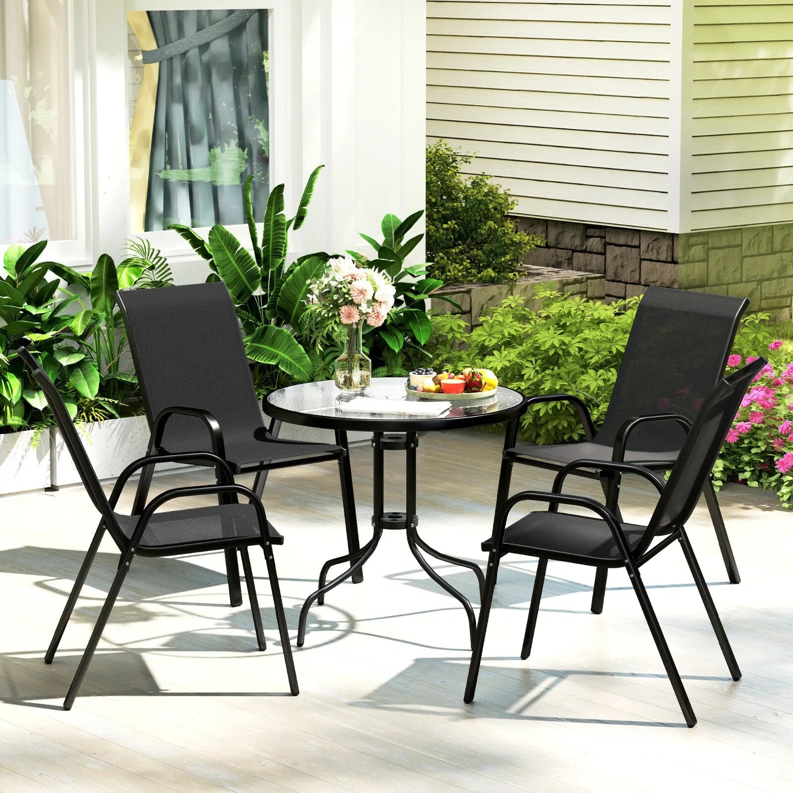 5 Pcs Garden Table and Chairs 4 Seat Furniture Set w/ High Back Stackable Chairs - Home and Garden Furniture Shop - rustic - furniture