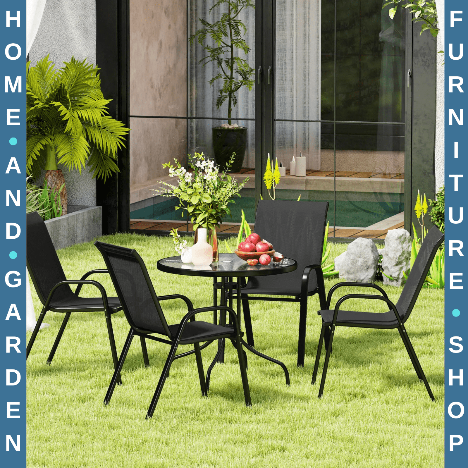 5 Pcs Garden Table and Chairs 4 Seat Furniture Set w/ High Back Stackable Chairs - Home and Garden Furniture Shop - rustic - furniture