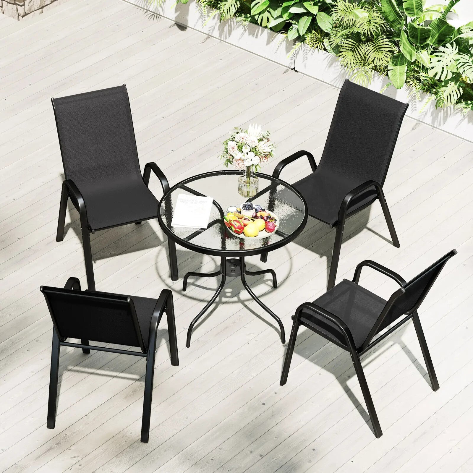 5 Pcs Garden Table and Chairs 4 Seat Furniture Set w/ High Back Stackable Chairs - Home and Garden Furniture Shop - rustic - furniture