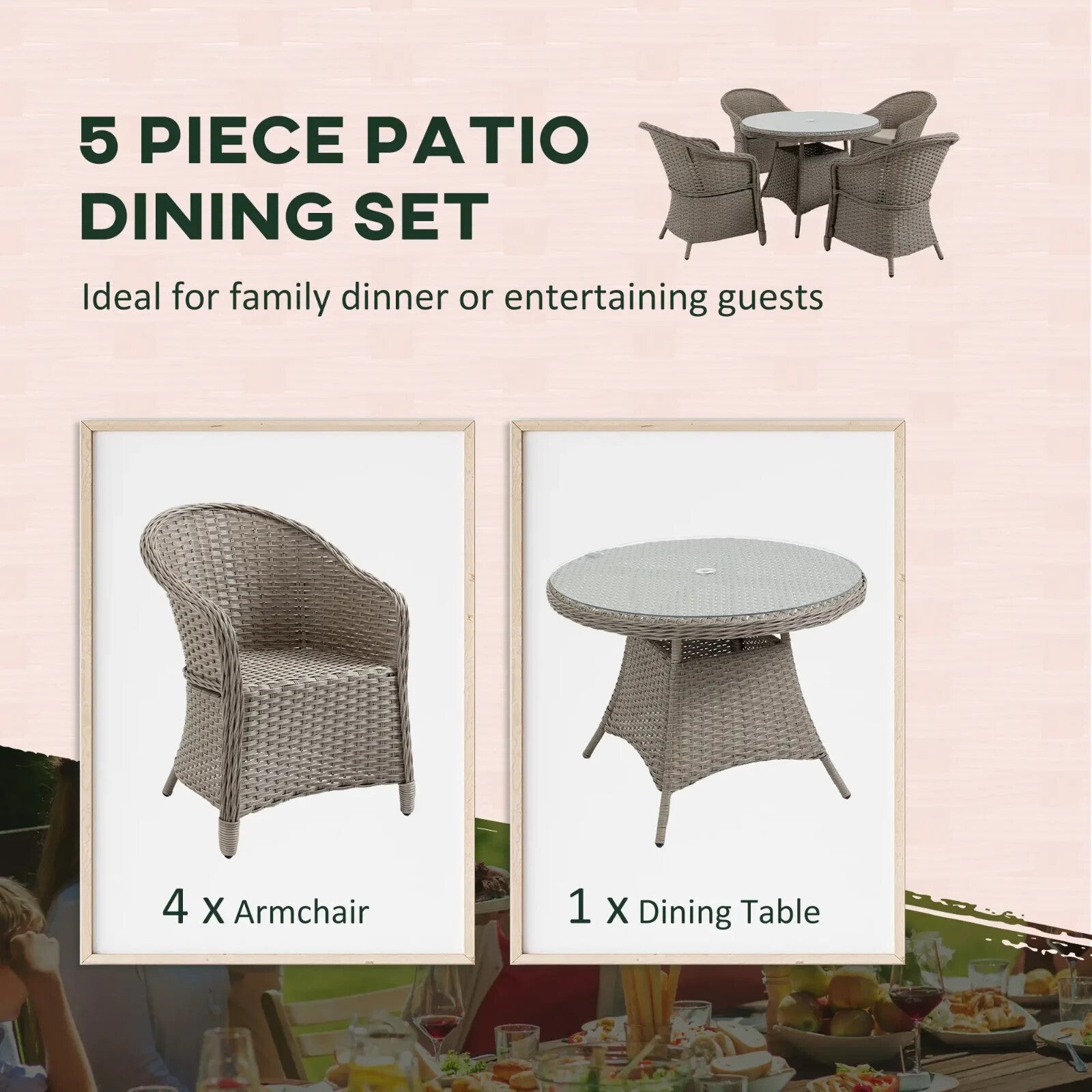 5 Pcs Rattan 4 Chairs Dining Set Garden Furniture Round Table with Umbrella Hole - Home and Garden Furniture Shop - rustic - furniture