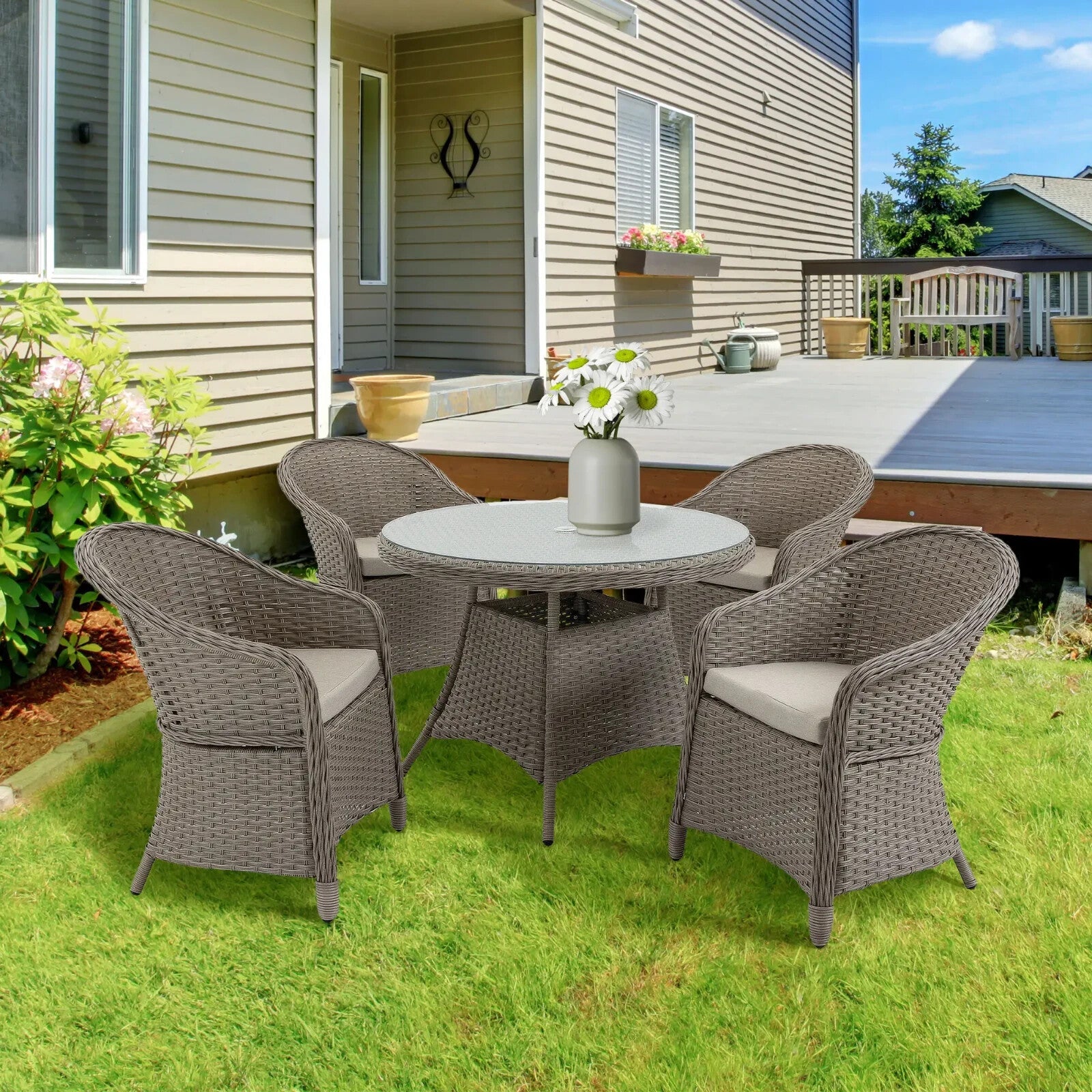 5 Pcs Rattan 4 Chairs Dining Set Garden Furniture Round Table with Umbrella Hole - Home and Garden Furniture Shop - rustic - furniture