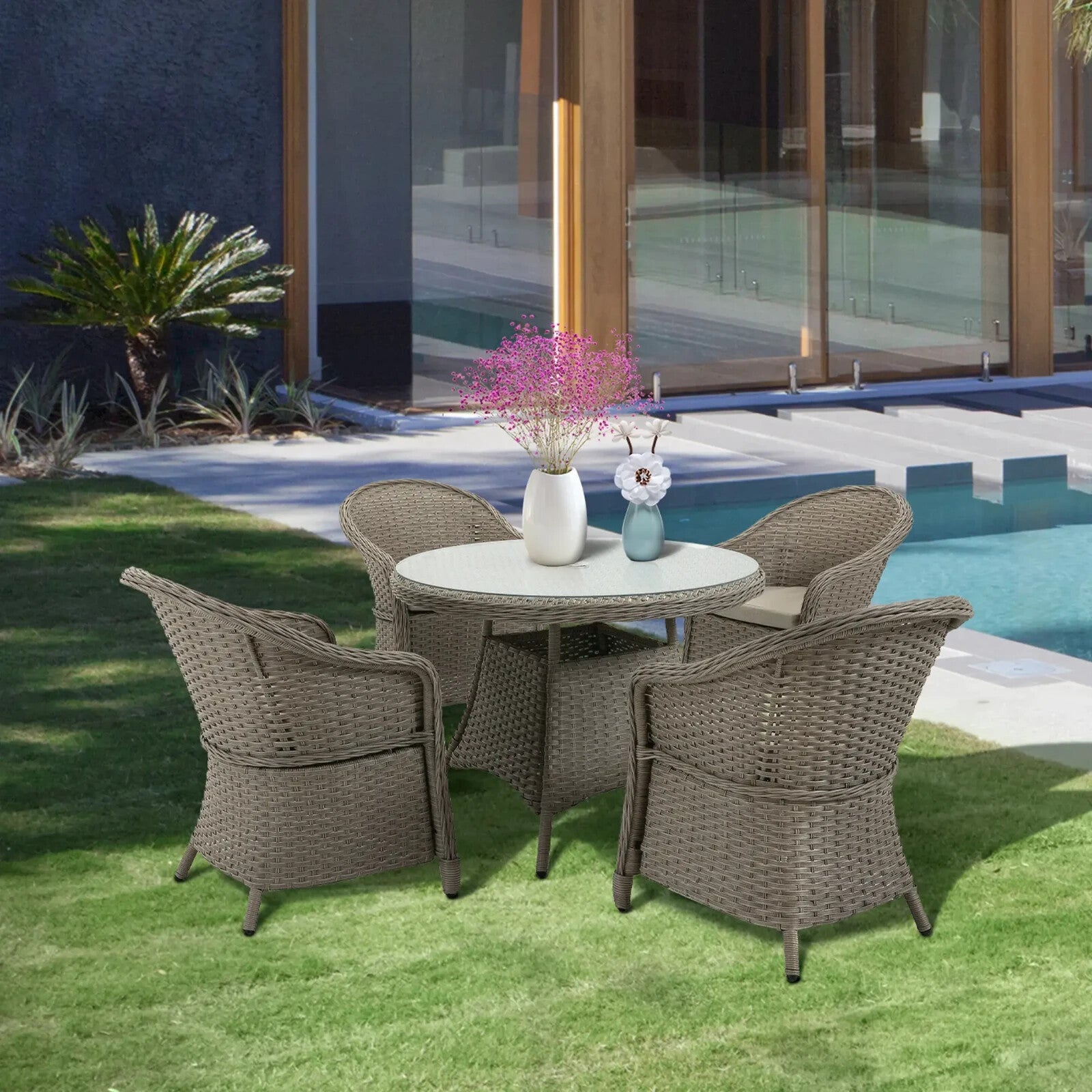 5 Pcs Rattan 4 Chairs Dining Set Garden Furniture Round Table with Umbrella Hole - Home and Garden Furniture Shop - rustic - furniture