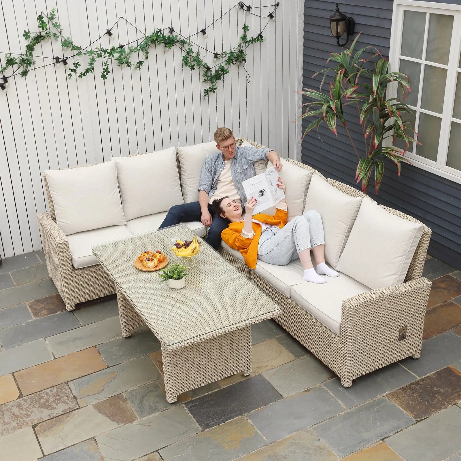 5 Pcs Rattan Garden Sofa Set with L Shape Lounge Seating & Coffee Table Outdoor - Home and Garden Furniture Shop - rustic - furniture