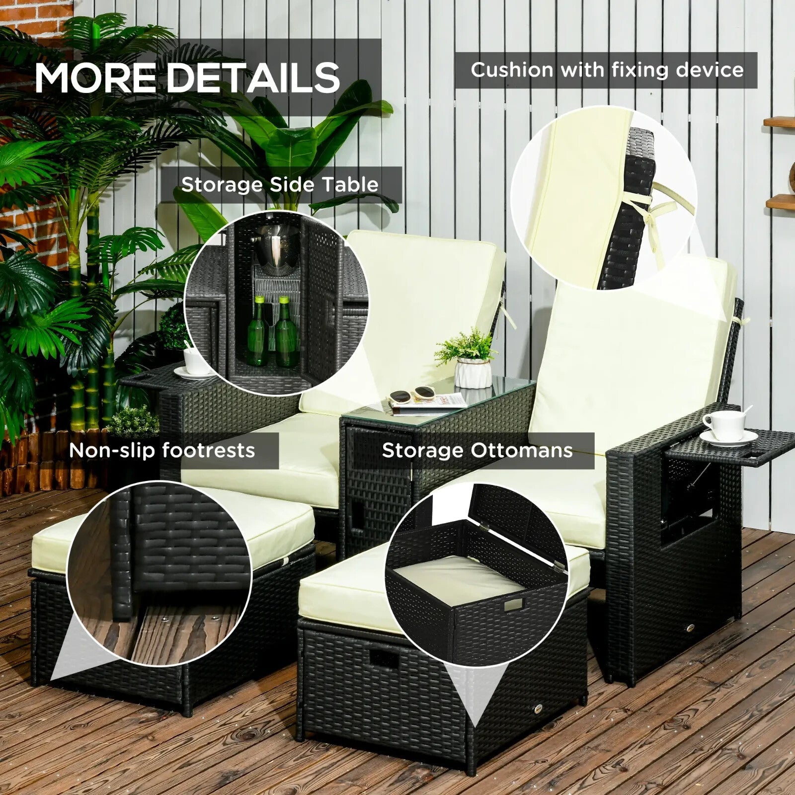 5 - Pcs Rattan Recliner Lounger Set Adjustable Sun Bed + Side Table Outdoor Black - Home and Garden Furniture Shop - rustic - furniture