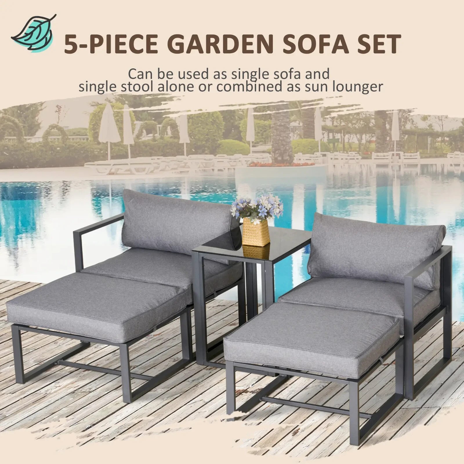 5 Piece Garden Conversation Set Sun Lounger 2 Footstools End Table with Cushions - Home and Garden Furniture Shop - rustic - furniture