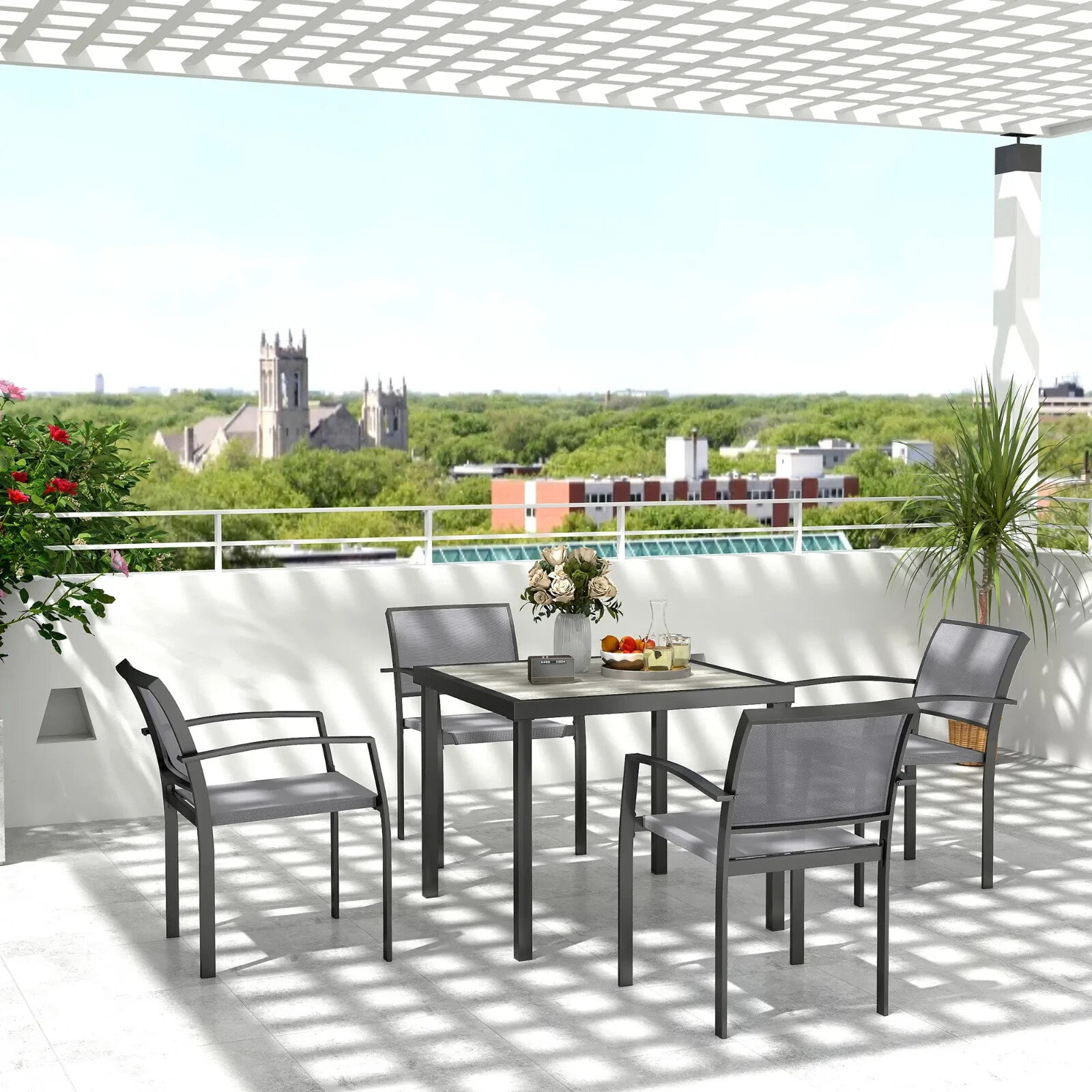 5 Piece Garden Furniture Set with 4 Stackable Armchairs and Easy Clean Tabletop - Home and Garden Furniture Shop - rustic - furniture