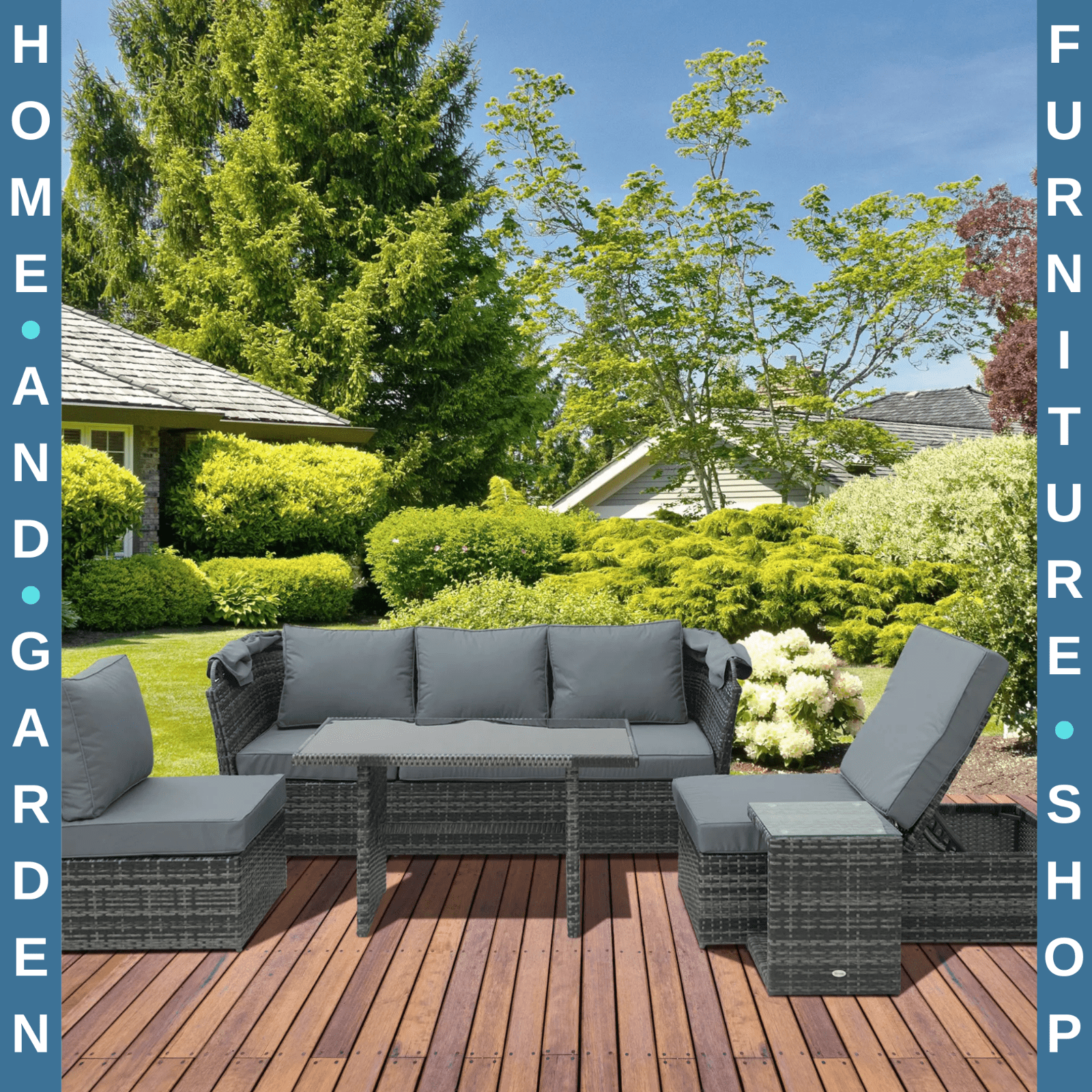 5 Piece Outdoor Rattan Sofa Set with Adjustable Reclining Canopy & Dining Table - Home and Garden Furniture Shop - #rustic - furniture#
