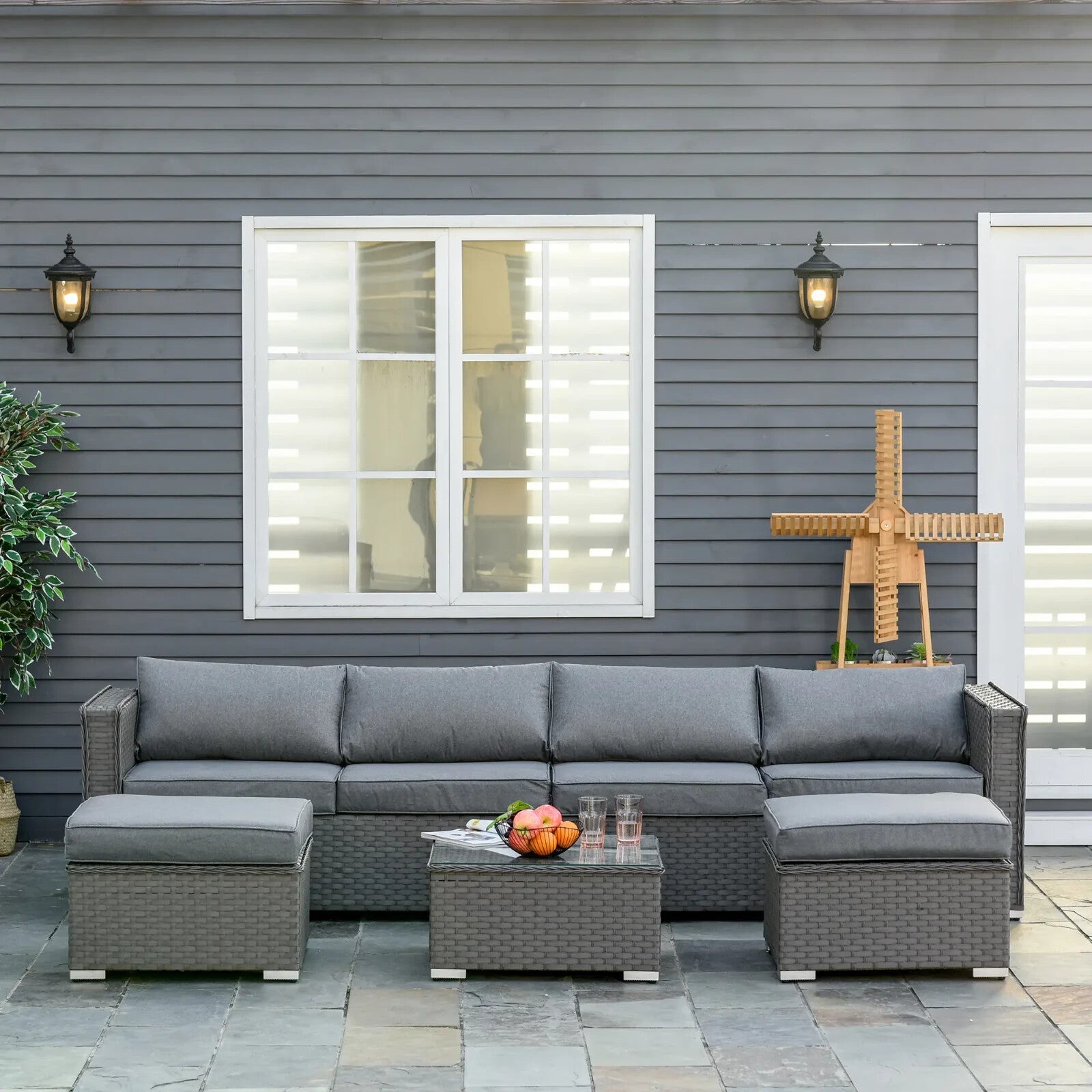 5 Piece PE Rattan Corner Sofa Set with Cushion for Garden Outdoor Furniture Grey - Home and Garden Furniture Shop - rustic - furniture