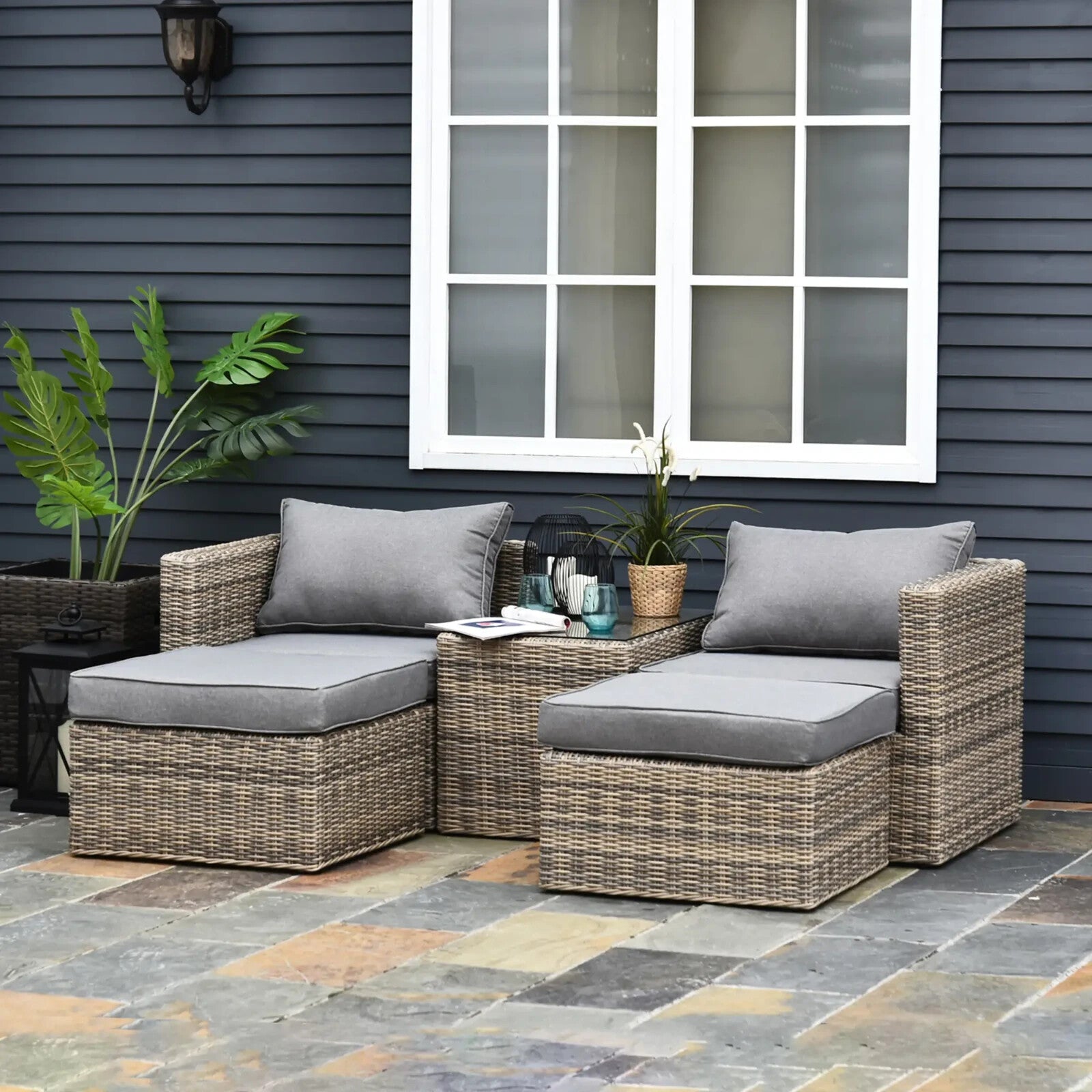 5 Piece Rattan Garden Armchair and Footstool Set with Tall Glass Table Outdoor - Home and Garden Furniture Shop - rustic - furniture