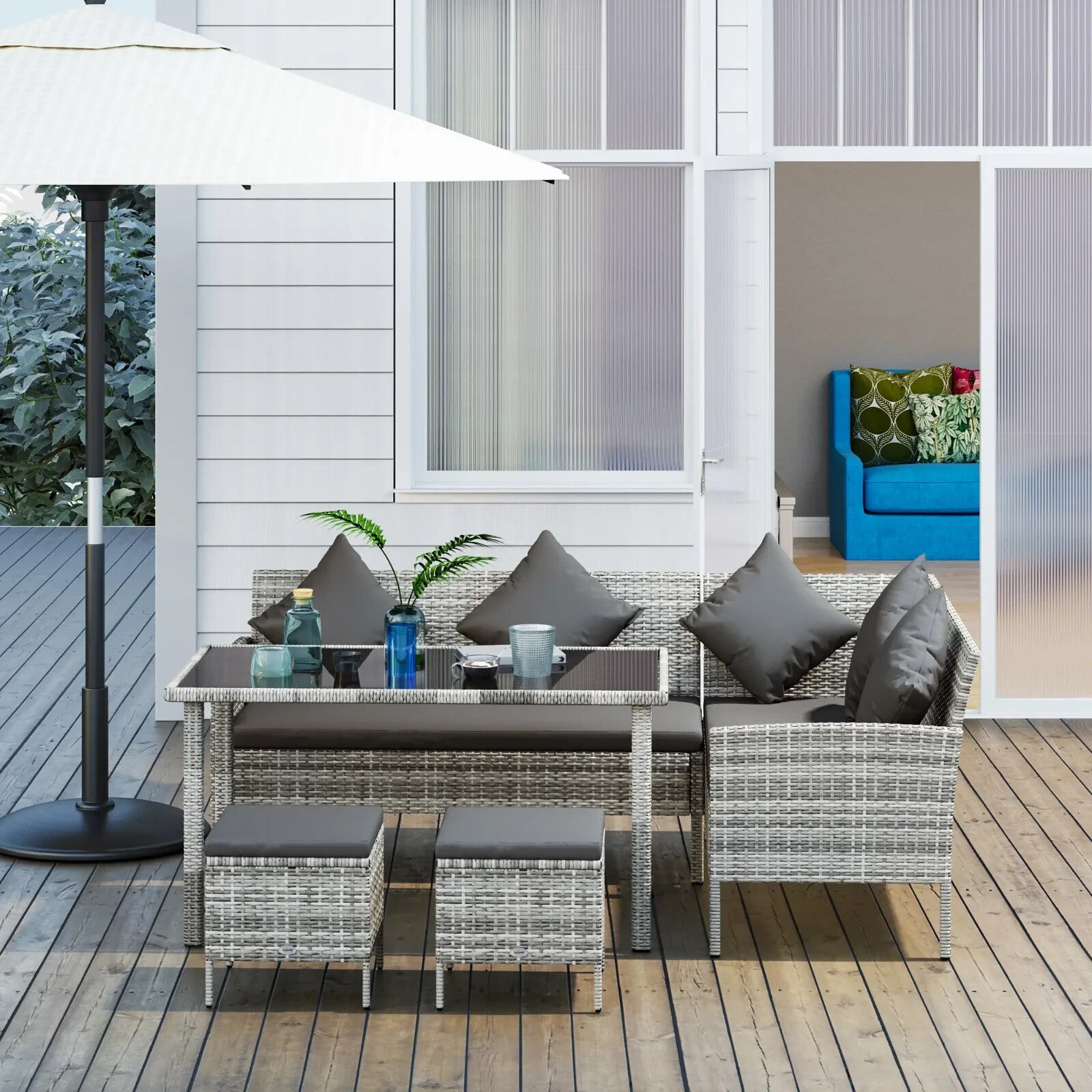 5 Piece Rattan Garden Furniture Set 6 Seater Corner Sofa Outdoor Dining Grey - Home and Garden Furniture Shop - rustic - furniture